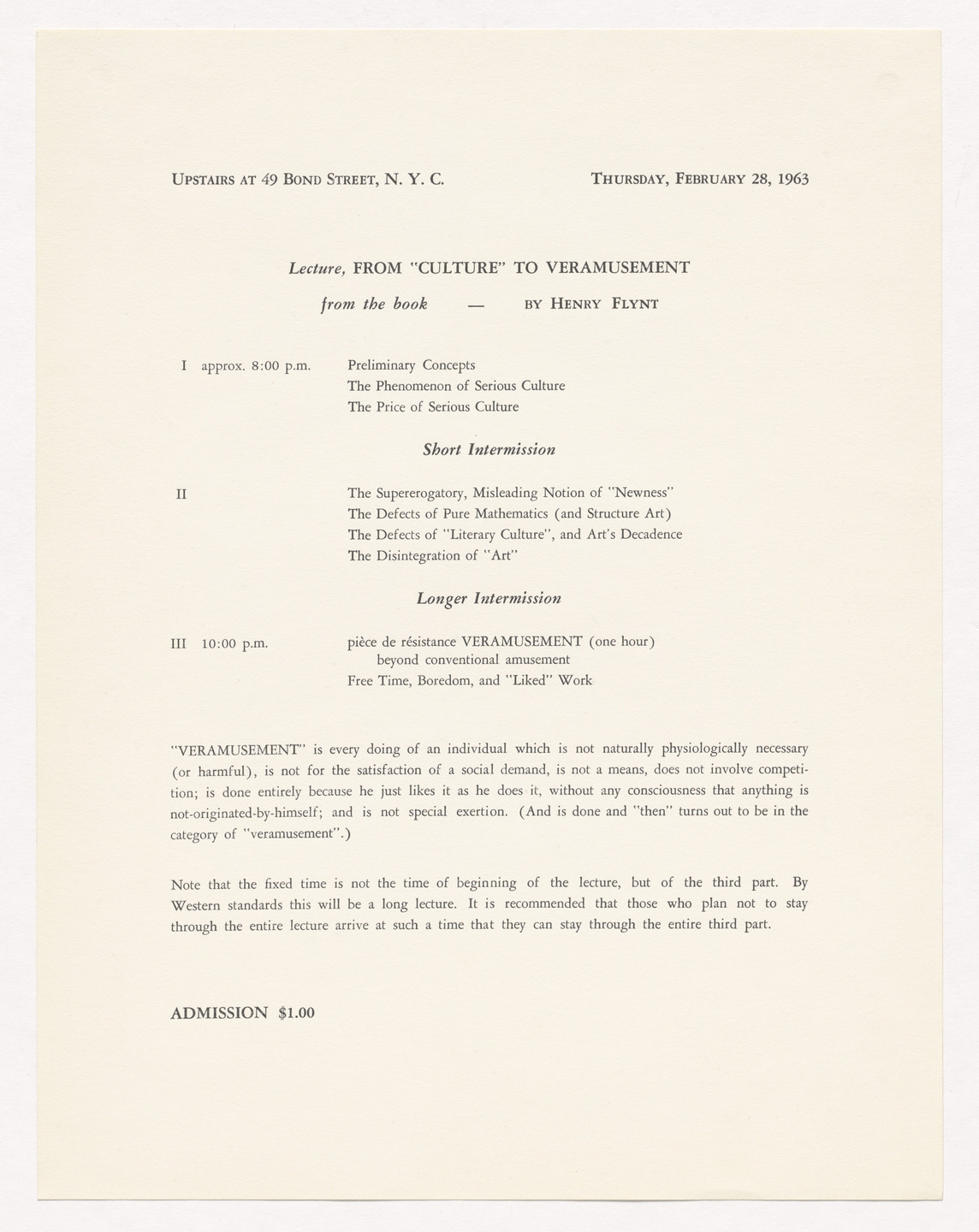 Henry Flynt. Announcement for From &#34;Culture&#34; to Veramusement, 49 Bond Street, New York, February 28, 1963. 1963