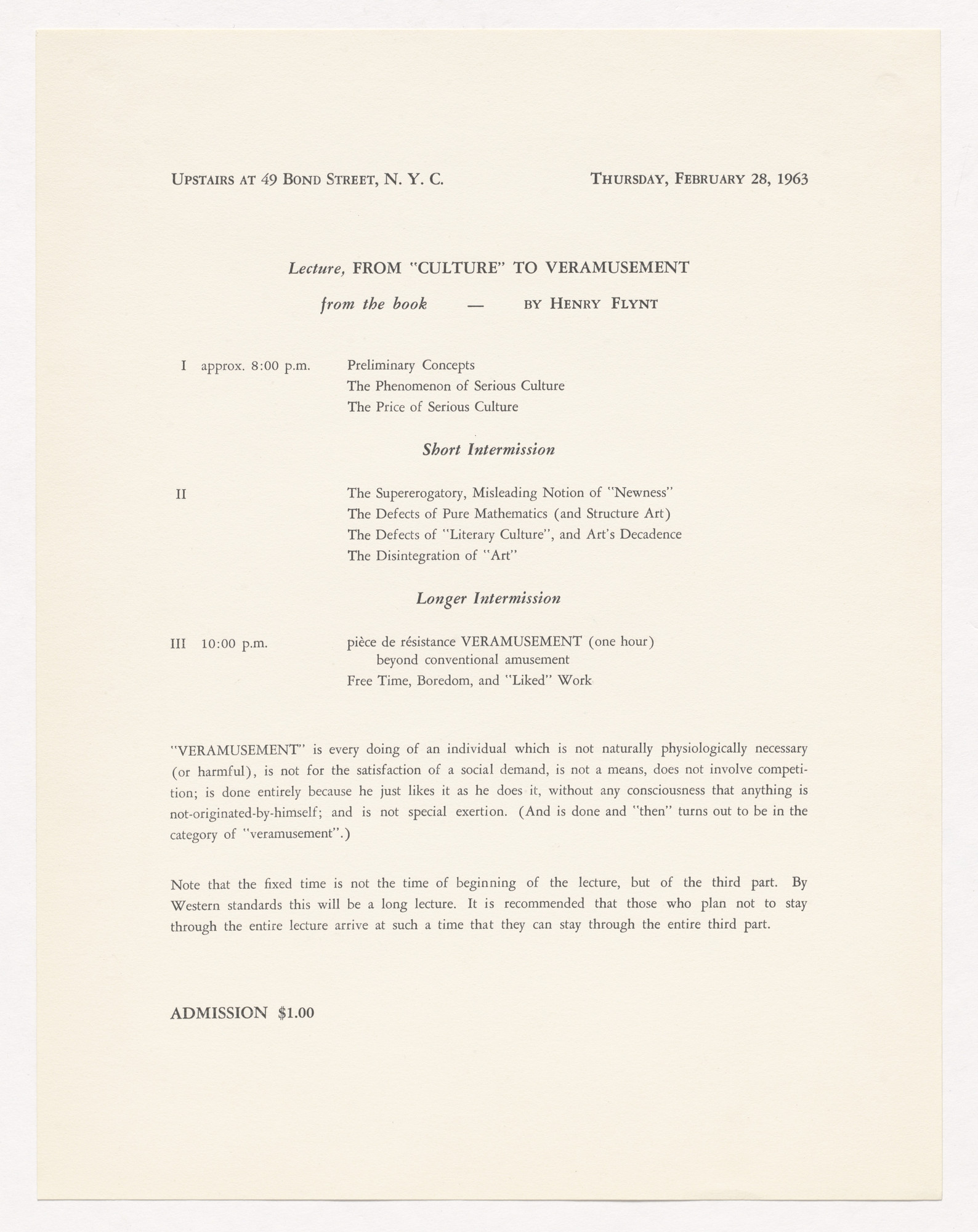 Henry Flynt. Announcement for From "Culture" to Veramusement, 49 Bond Street, New York, February 28, 1963