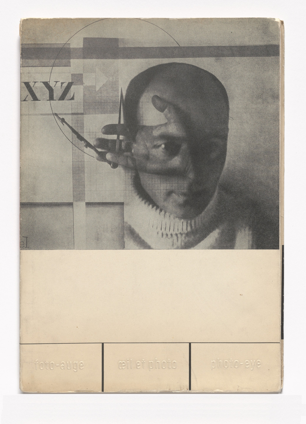 A monochromatic image depicts a face partially covered by a hand, with geometric shapes and the letters "XYZ" in the background. The predominant colors are shades of gray and beige. This is an AI generated description. To give feedback, email ai@moma.org.