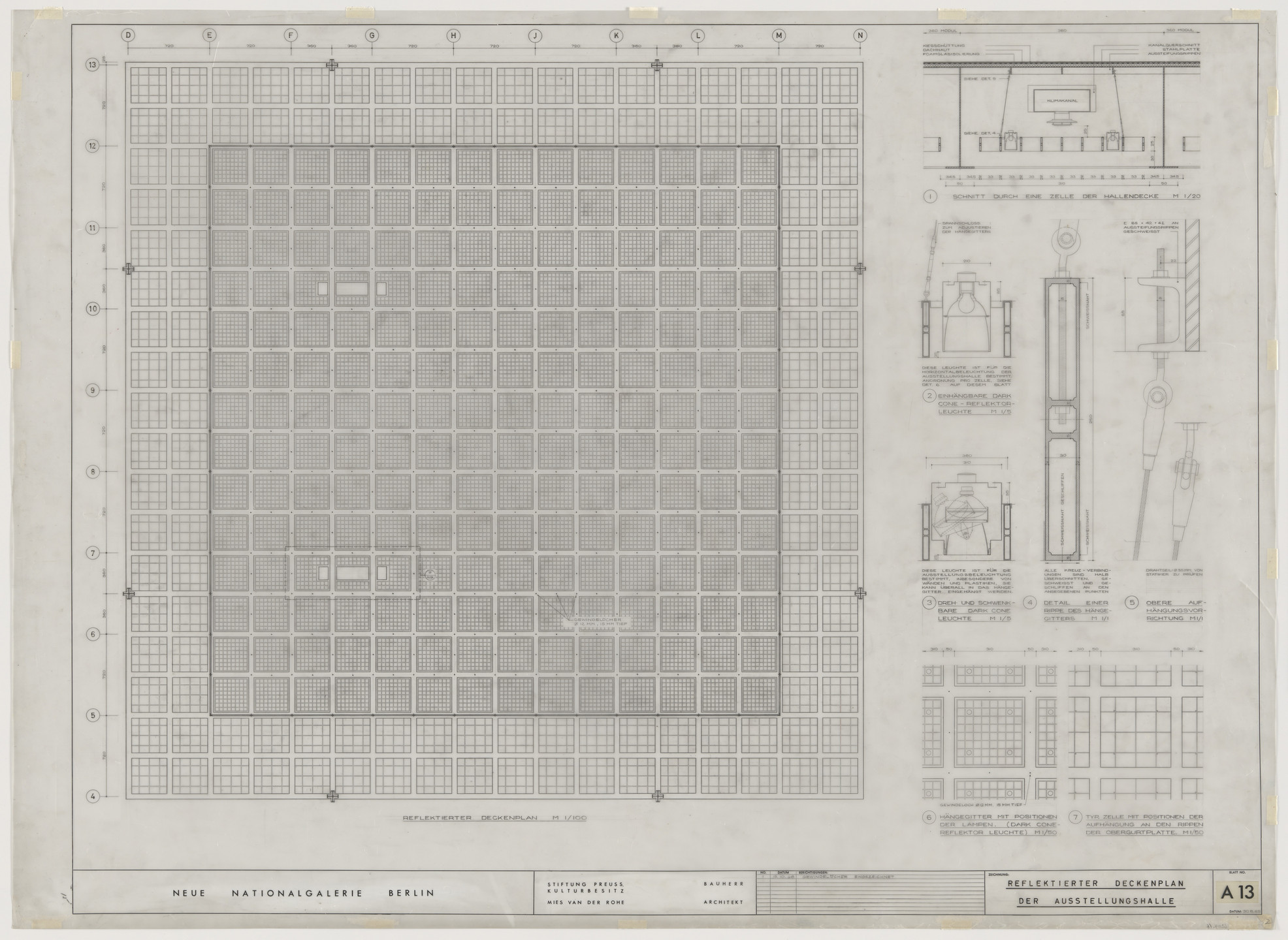 Ludwig Mies van der Rohe. New National Gallery, Berlin, Germany (Reflected ceiling plan at exhibition hall). c. 1962-68