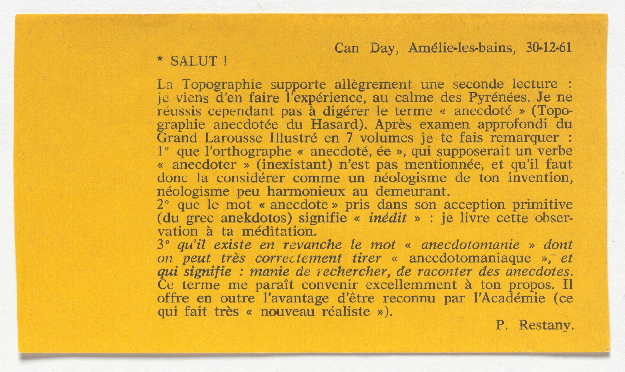 Daniel Spoerri. Topographie anécdotée du hasard. 1962