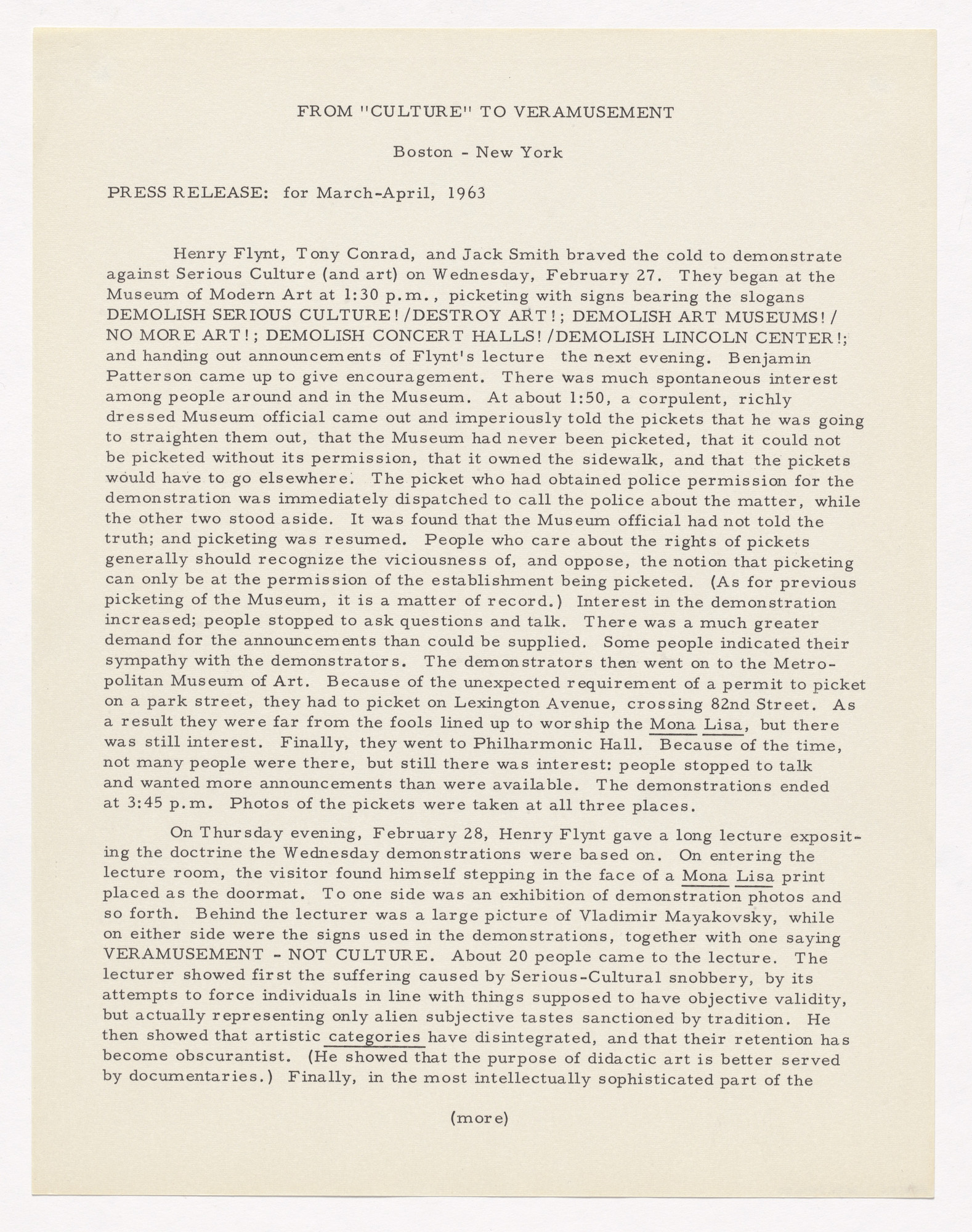 Henry Flynt. From "Culture" to Veramusement. Press Release, March-April 1963
