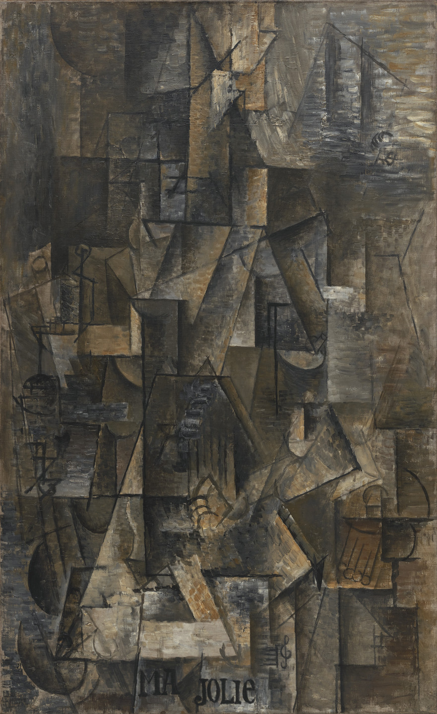 The image features a composition made up of numerous geometric shapes in varying shades of brown, gray, and black. The darker and lighter tones create depth, and the text "MA JOLIE" is visible at the bottom center. This is an AI generated description. To give feedback, email ai@moma.org.