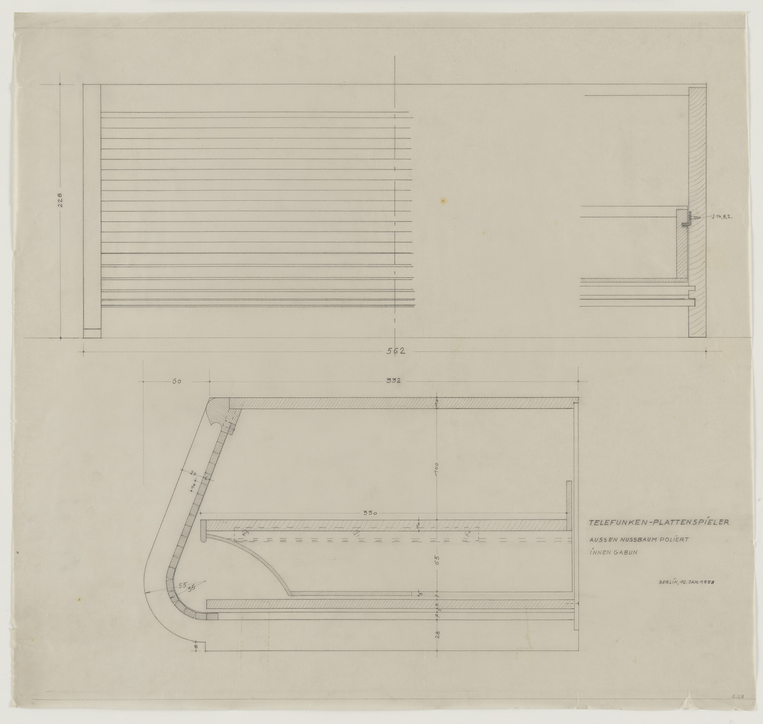 Lilly Reich. Design for Telefunken Record Player, Elevations and two sections. 1938