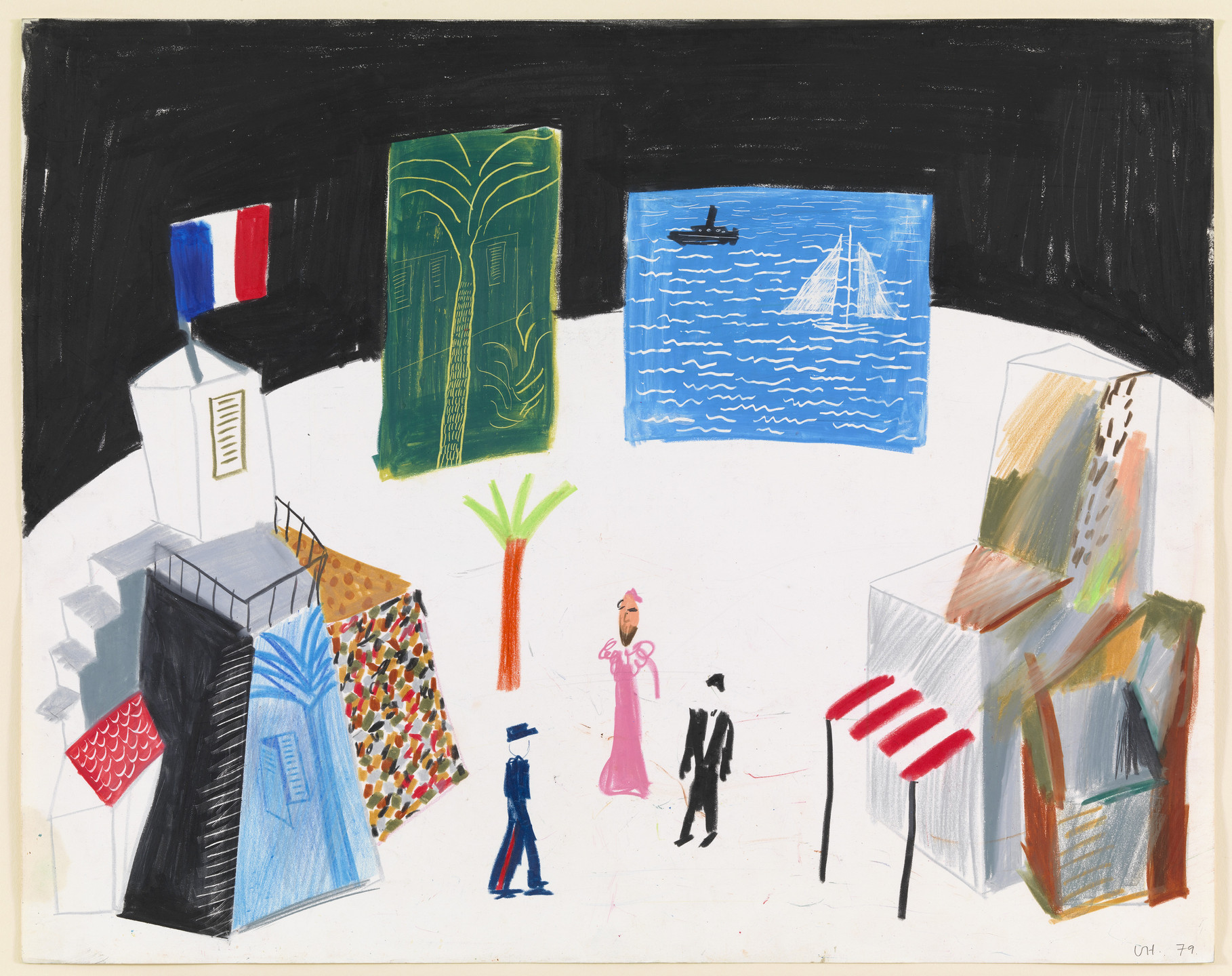 David Hockney. Zanzibar with Postcards, Sea, Tiresias and Husbands. Mise-en-scène for the opera Les Mamelles de Tirésias. 1979