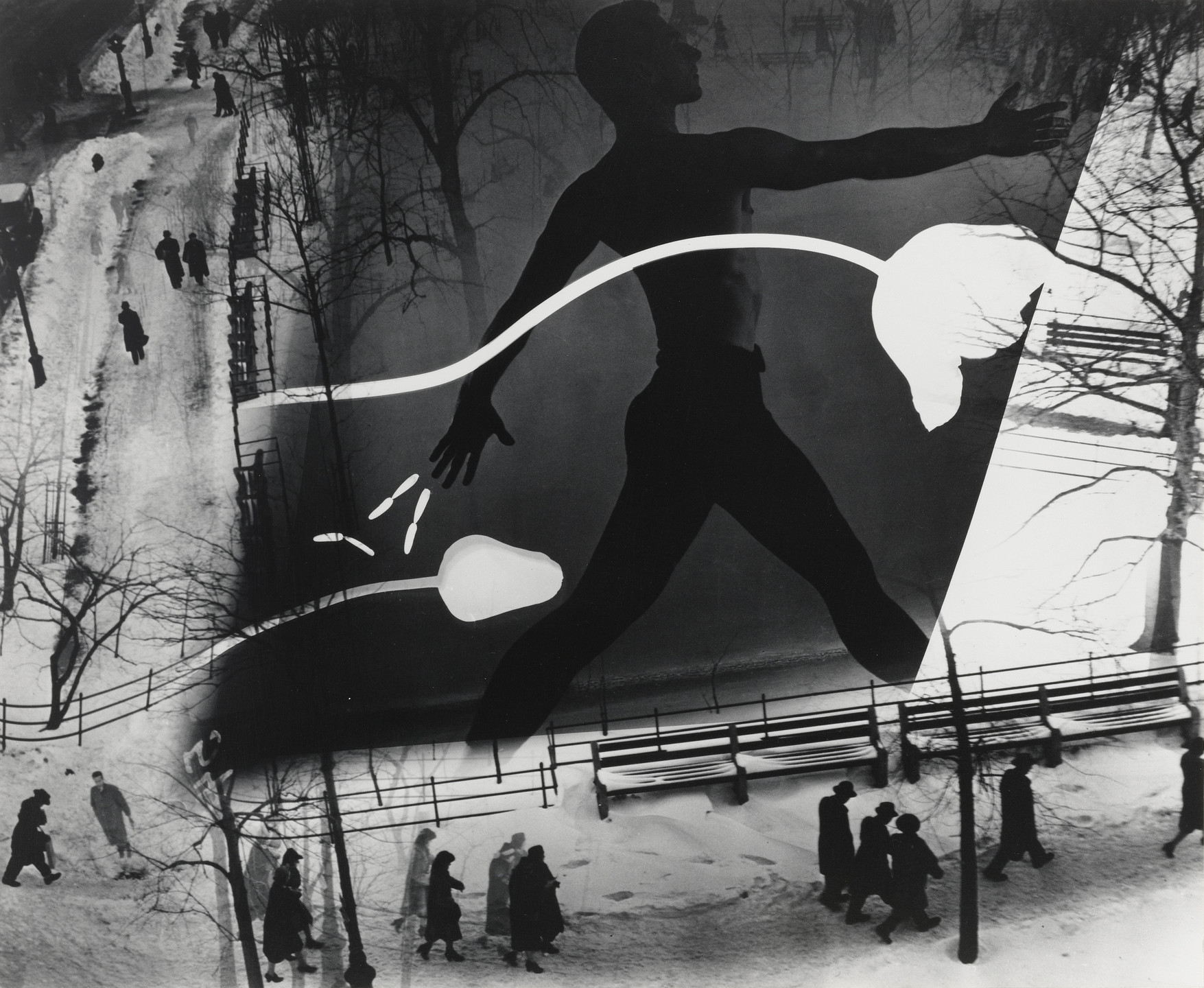 The image is predominantly black and white, showing silhouetted figures walking on snowy paths with leafless trees. Superimposed is a large dark human figure in an outstretched pose with white lines and shapes overlaying it. This is an AI generated description. To give feedback, email ai@moma.org.
