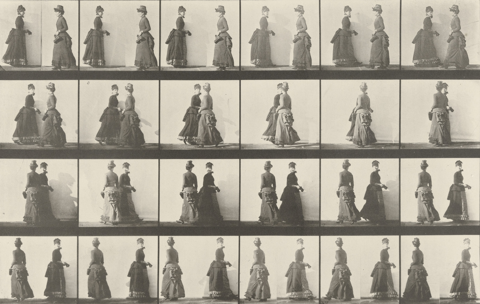 Eadweard J. Muybridge. Two Women Walking, Meeting and Partly