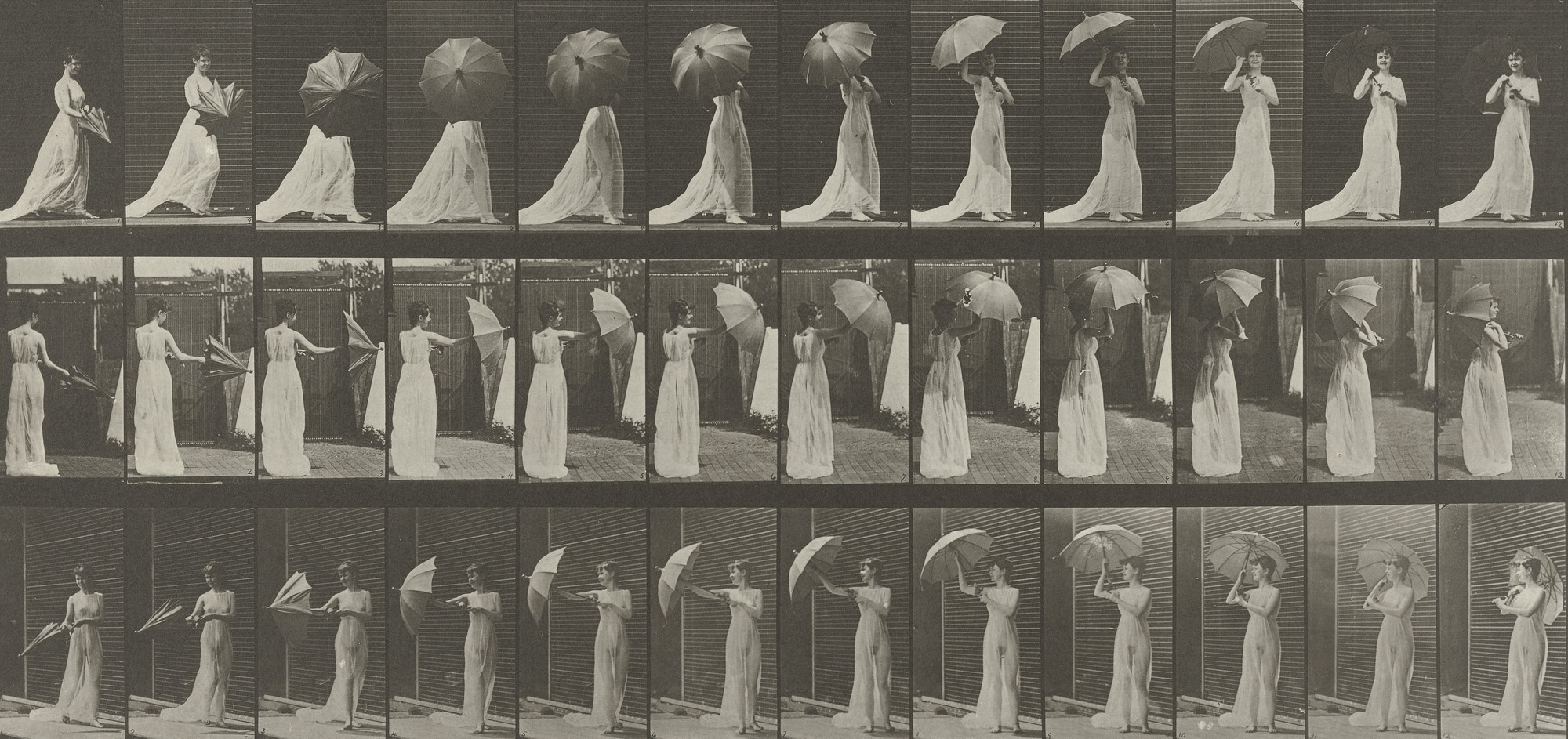 Eadweard J. Muybridge. Woman Opening a Parasol and Turning Around