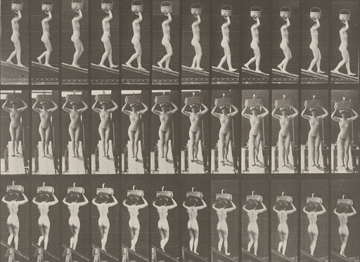 Eadweard J. Muybridge. Woman Descending an Incline with a 20-lb. Basket on Head, Hands Raised: Plate 124 from Animal Locomotion (1887). 1884-86
