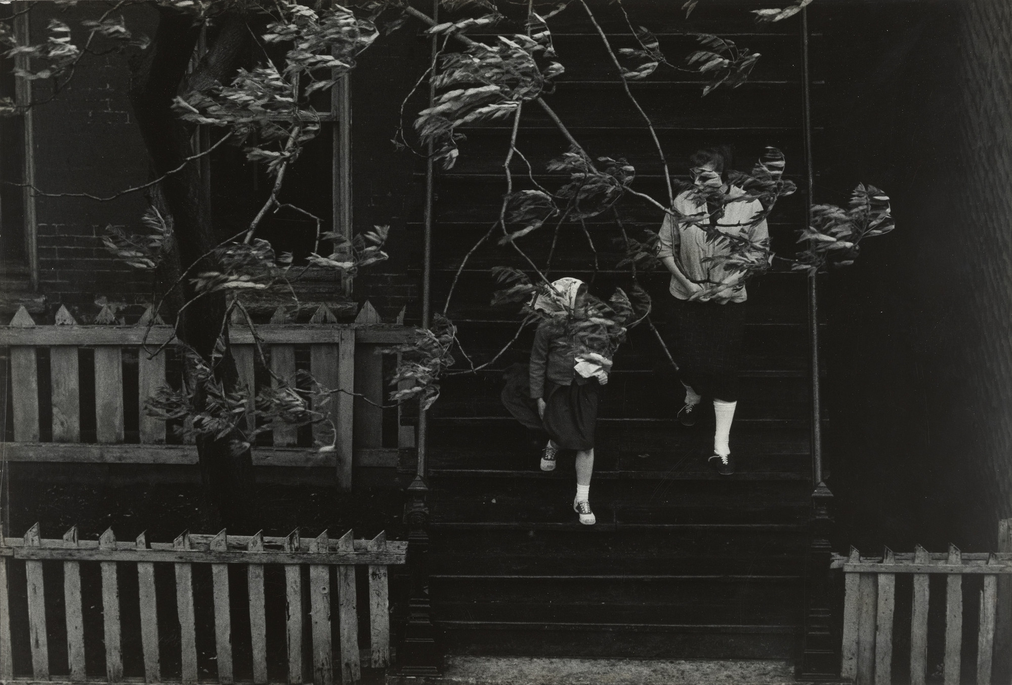 Two people descend wooden stairs outside a dark building, partially obscured by tree branches. The scene includes a worn fence, mostly in shades of black and gray. This is an AI generated description. To give feedback, email ai@moma.org.