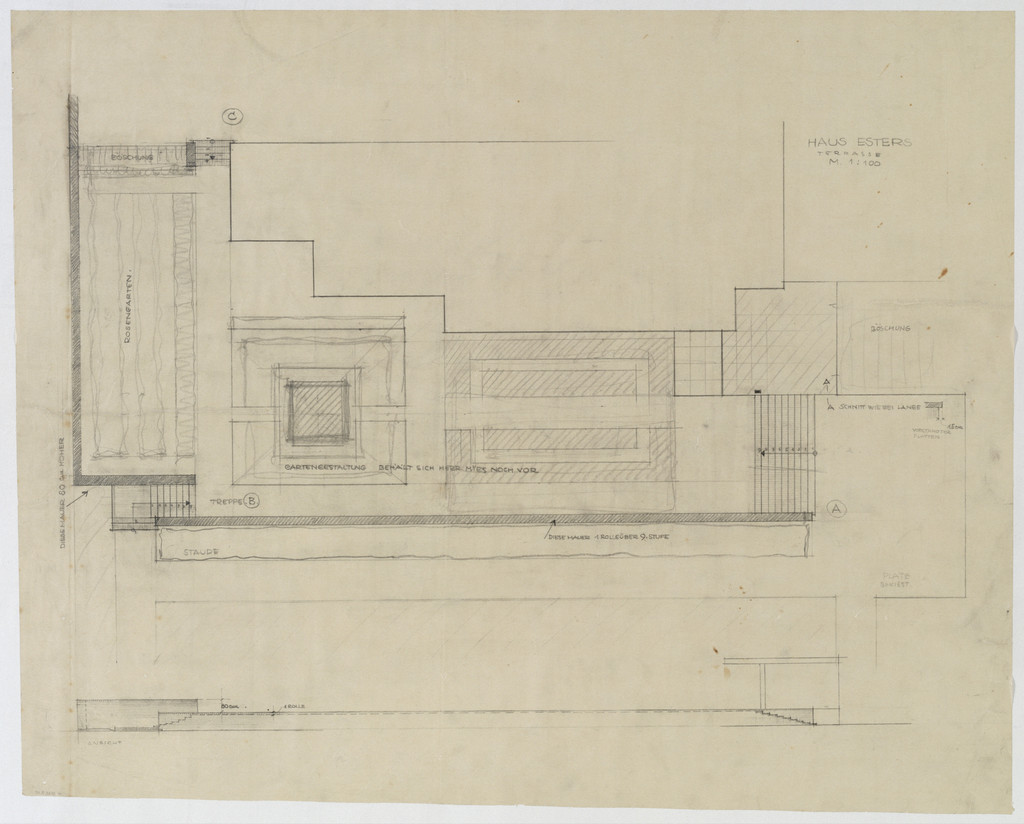 Josef Esters House, Krefeld, Germany, Site plan with garden. Platform elevation