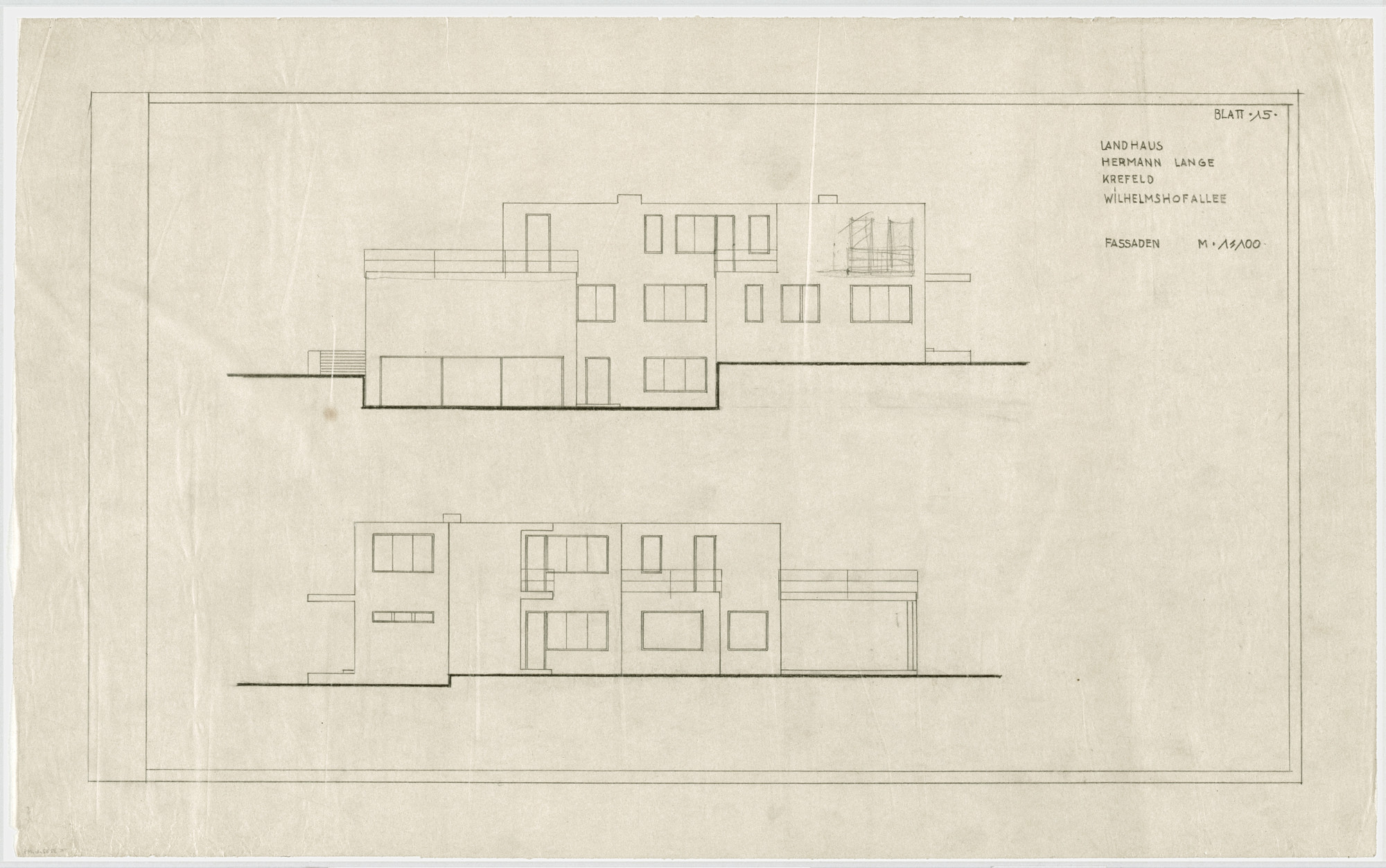 Ludwig Mies van der Rohe. Hermann Lange House, Krefeld, Germany, Two elevations, east and west views