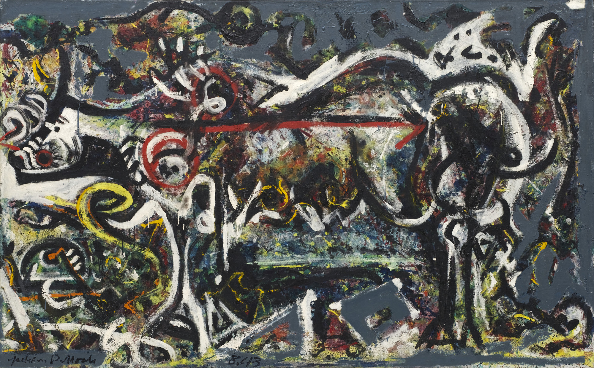 The image features swirling, thick black lines with hints of bright red, yellow, blue, and green on a predominantly dark background. In the center, a red arrow is prominently displayed. This is an AI generated description. To give feedback, email ai@moma.org.