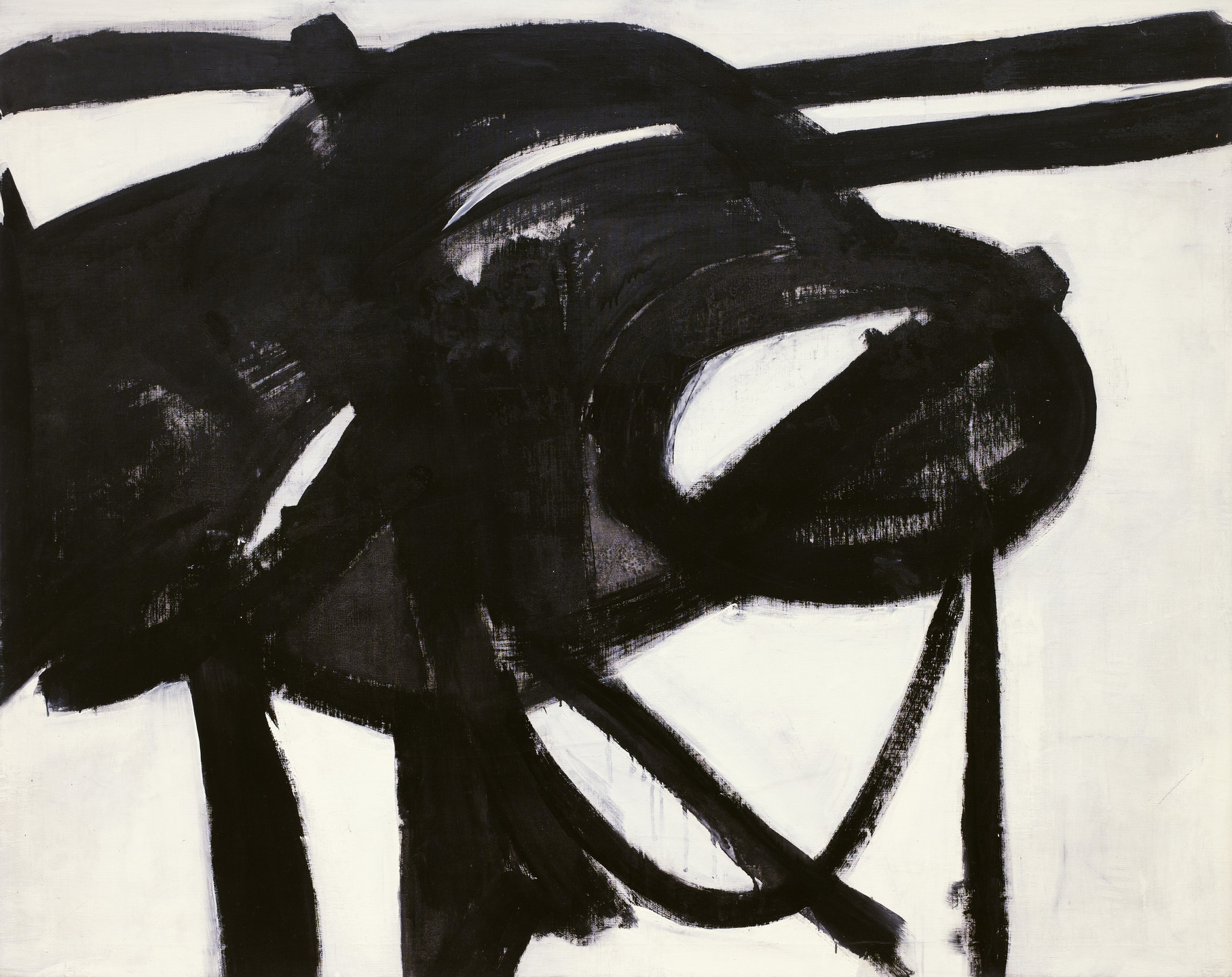 The image features large, dark black brushstrokes and shapes on a white background, with some irregularities in the black areas allowing white to show through. The overall composition is dynamic and chaotic. This is an AI generated description. To give feedback, email ai@moma.org.