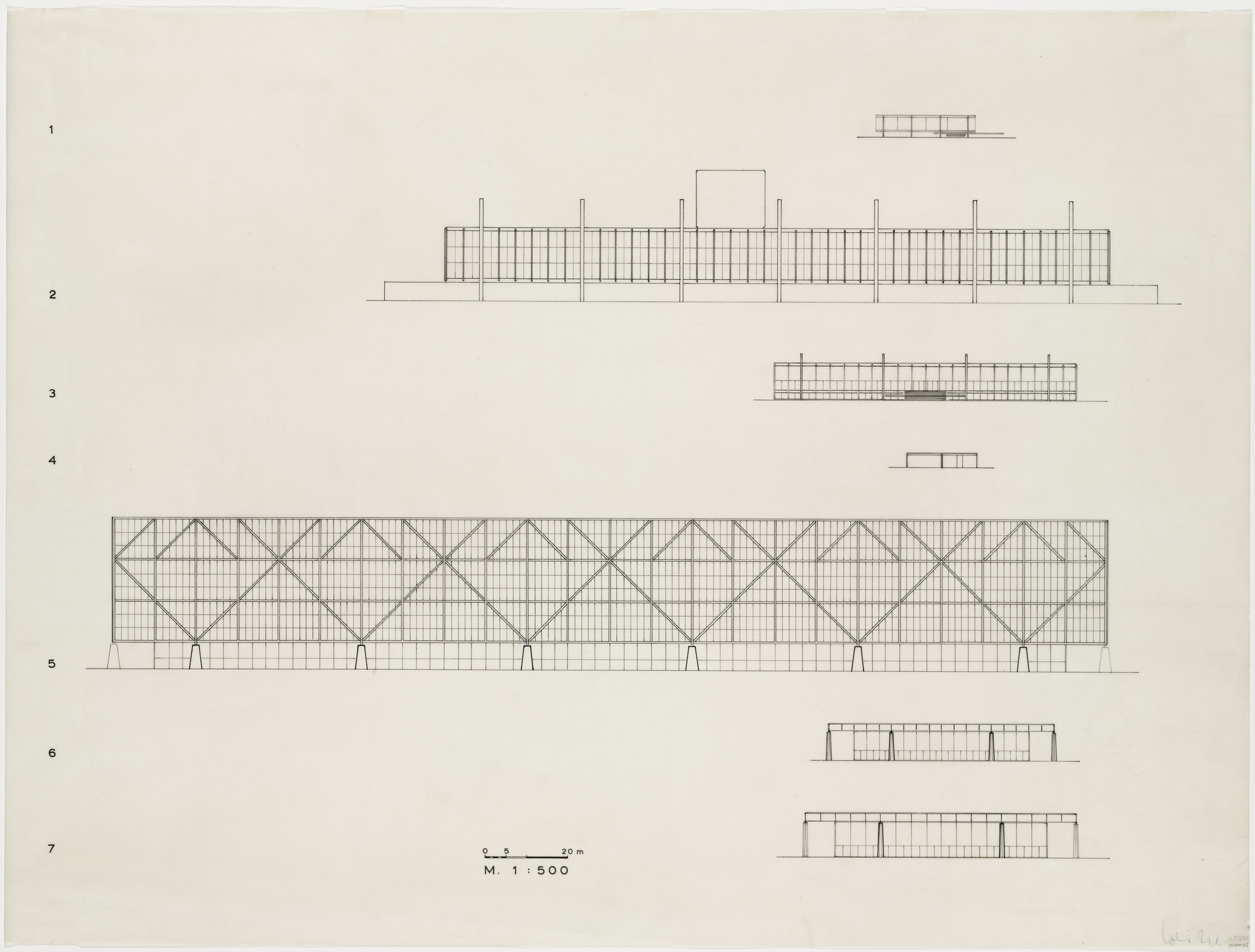 The image depicts architectural blueprints on a light cream background, featuring front, side, and top views of a rectangular, grid-patterned building with vertical and diagonal lines. Small black text and measurement scales are present at the bottom. This is an AI generated description. To give feedback, email ai@moma.org.