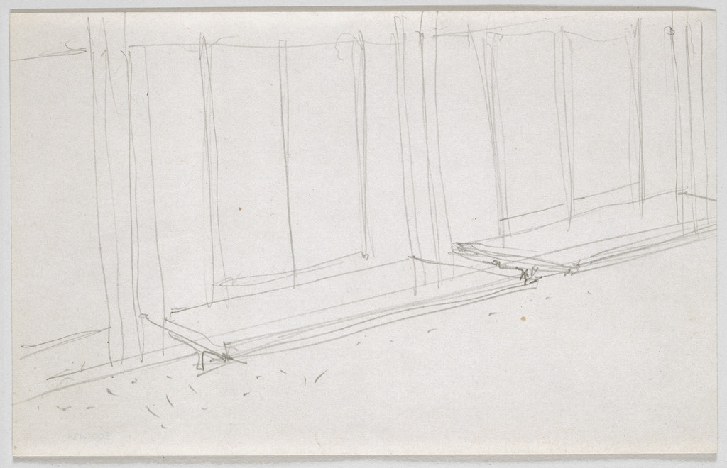 Illinois Institute of Technology, S.R. Crown Hall, Chicago, IL, Perspective sketch. Travertine door step at north entrance.