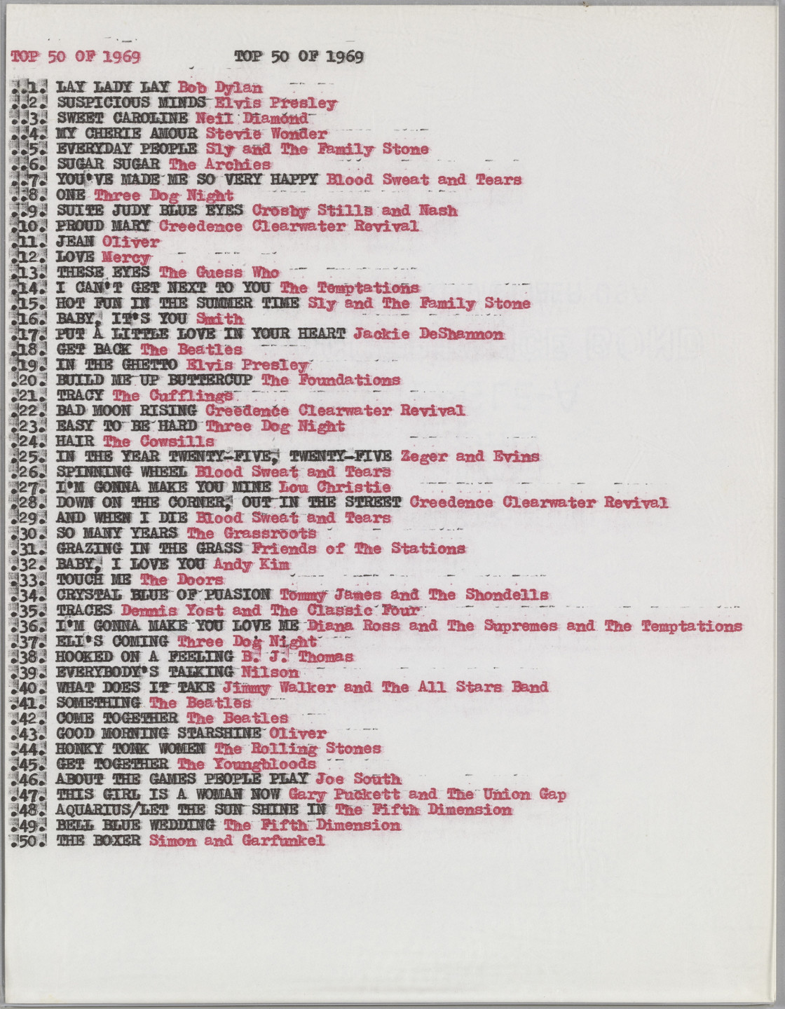 Christopher Knowles. Untitled (Top 50 of 1967, Top 50 of 1968, Top 50 of 1969, Top 50 of 1970). (c. late 1970&#39;s)