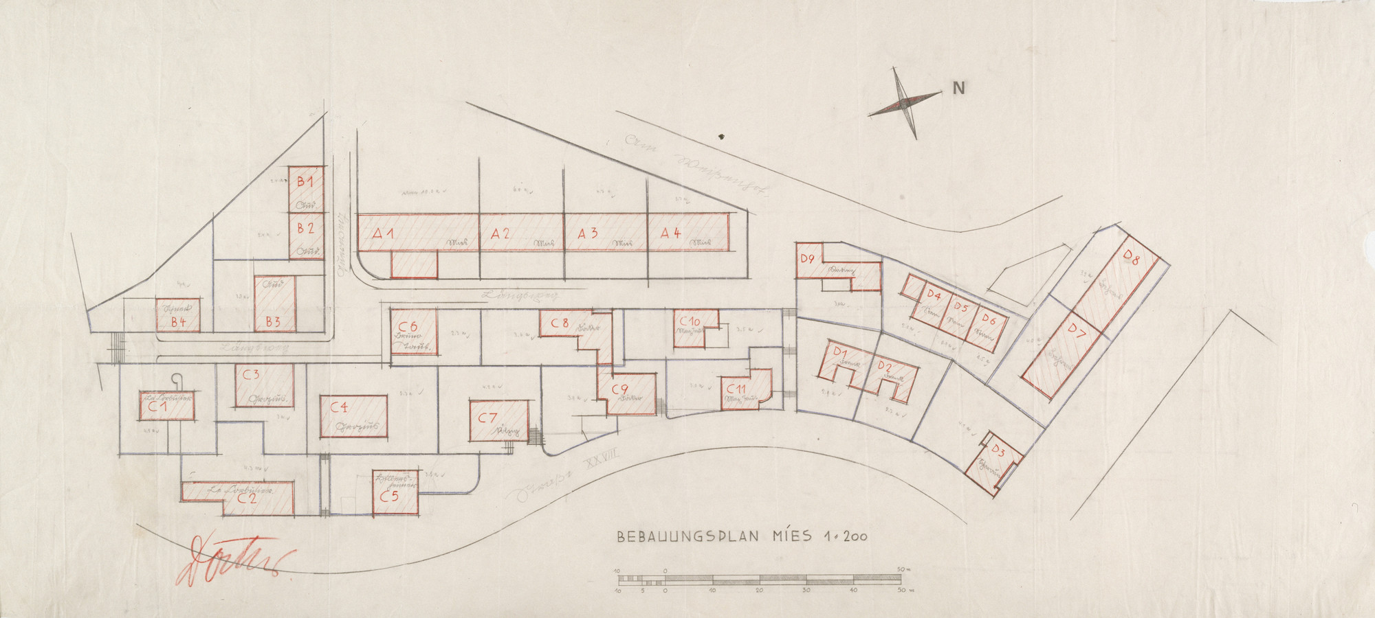 Ludwig Mies van der Rohe. Weissenhof Housing Colony Master Plan, "The Dwelling," Stuttgart, Germany (Site plan). 1926-1927