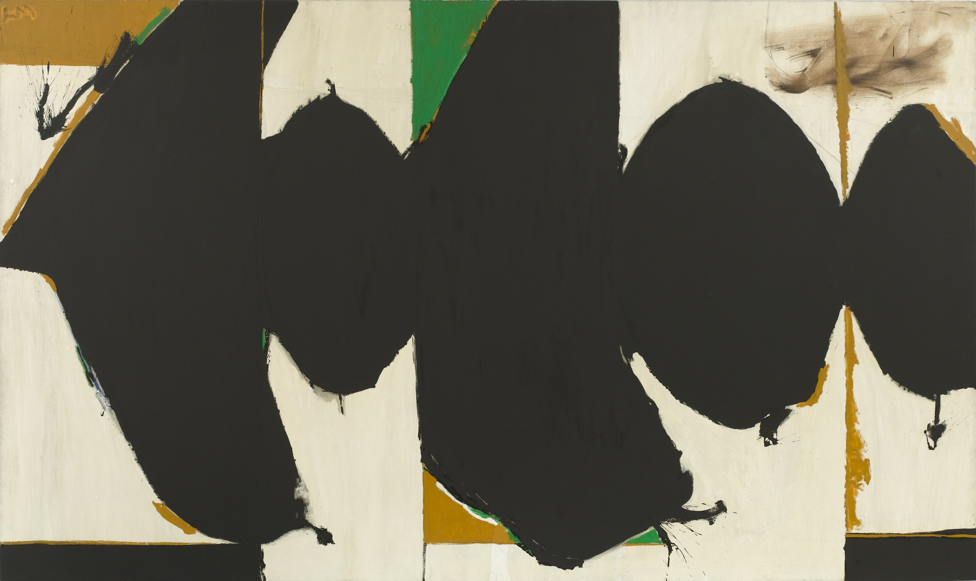 The image features large, irregular black shapes on a background of cream with hints of green and mustard yellow accents. Some shapes and areas are outlined or intersected with bold black lines. This is an AI generated description. To give feedback, email ai@moma.org.
