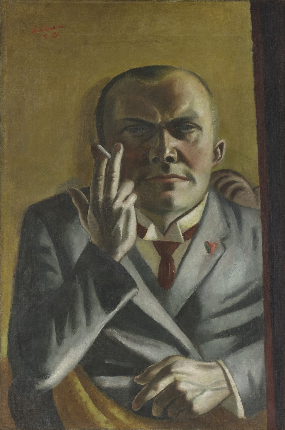 A person with a serious expression holds a cigarette close to their face, wearing a gray suit and red tie. The background is predominantly yellow-brown, with shadows accentuating the person's features. This is an AI generated description. To give feedback, email ai@moma.org.