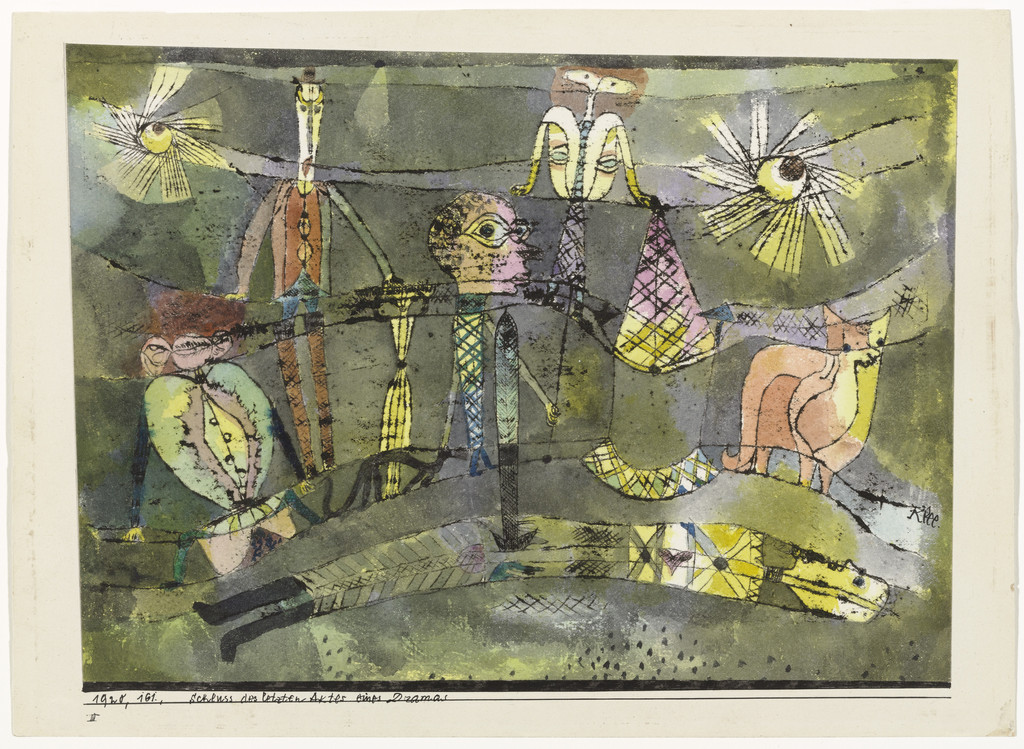 The End of the Last Act of a Drama (Schluss des letzten Aktes eines Dramas), Paul Klee, 1920, Oil transfer drawing, watercolor and ink on paper with ink border on board