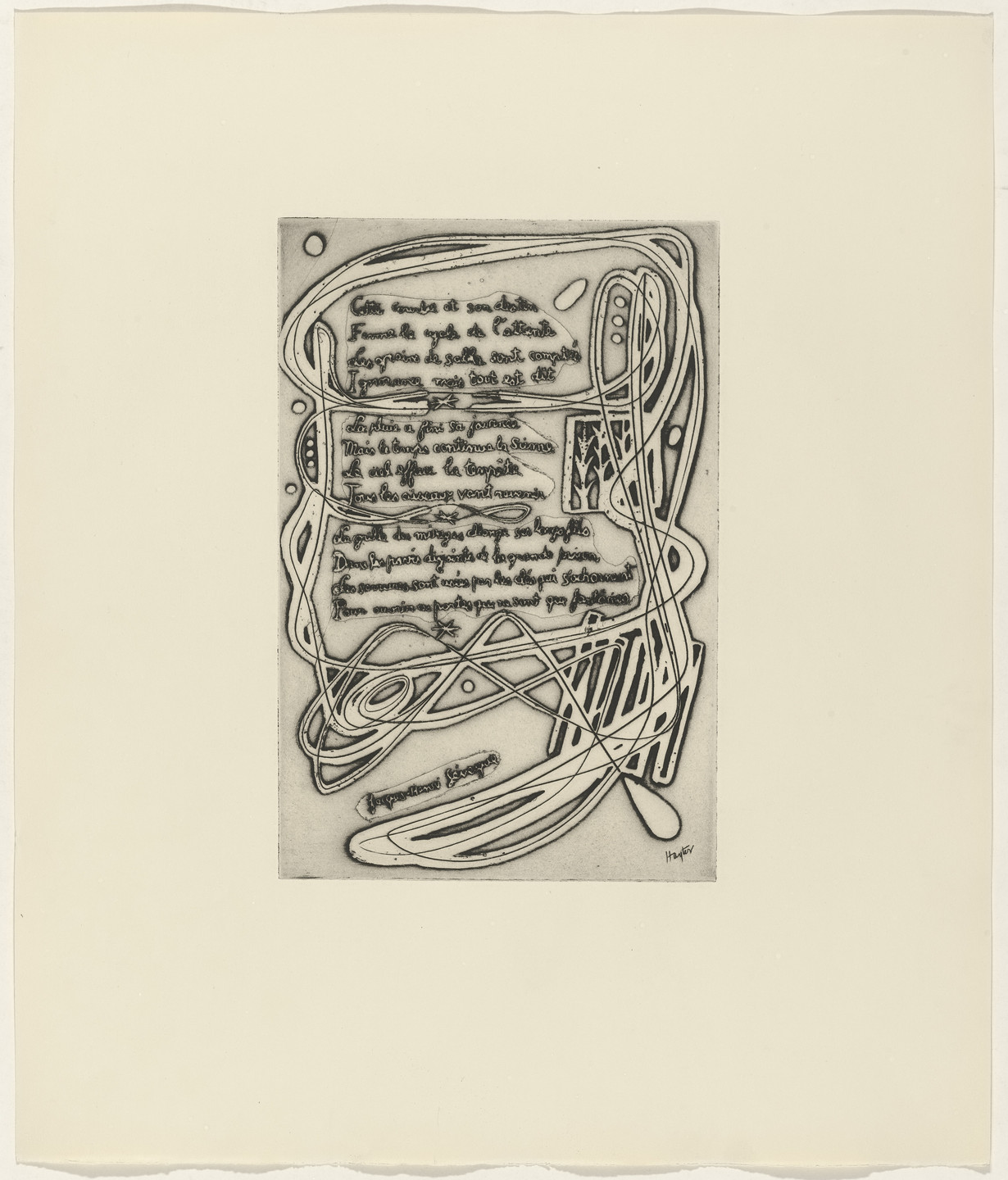 Stanley William Hayter, Jacques-Henri Lévesque. In-text plate (folio 11) from 21 Etchings and Poems. c. 1950s, published 1960