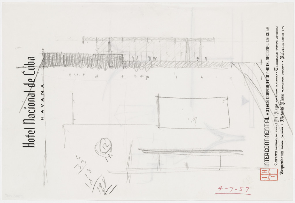 Ron Bacardi y Compania, S.A., Administration Building, project, Santiago, Cuba, Exterior elevation, section, and plan