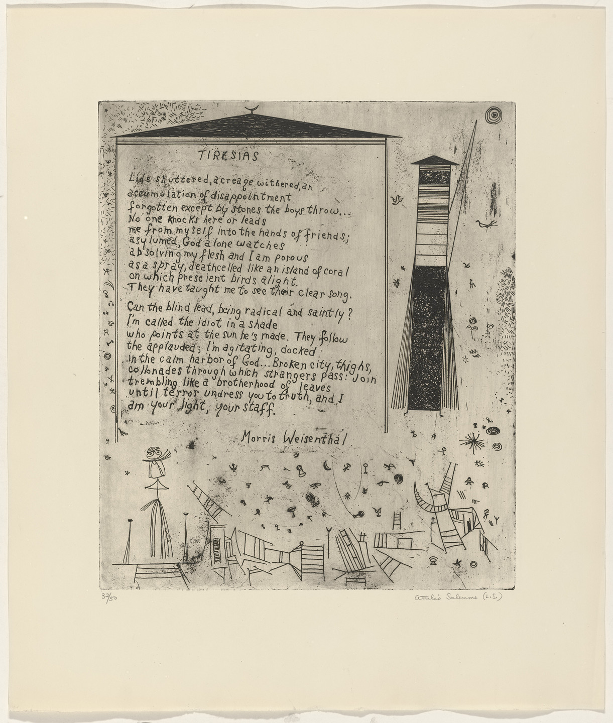 Attilio Salemme, Morris Weisenthal. In-text plate (folio 20) from 21 Etchings and Poems. published 1960