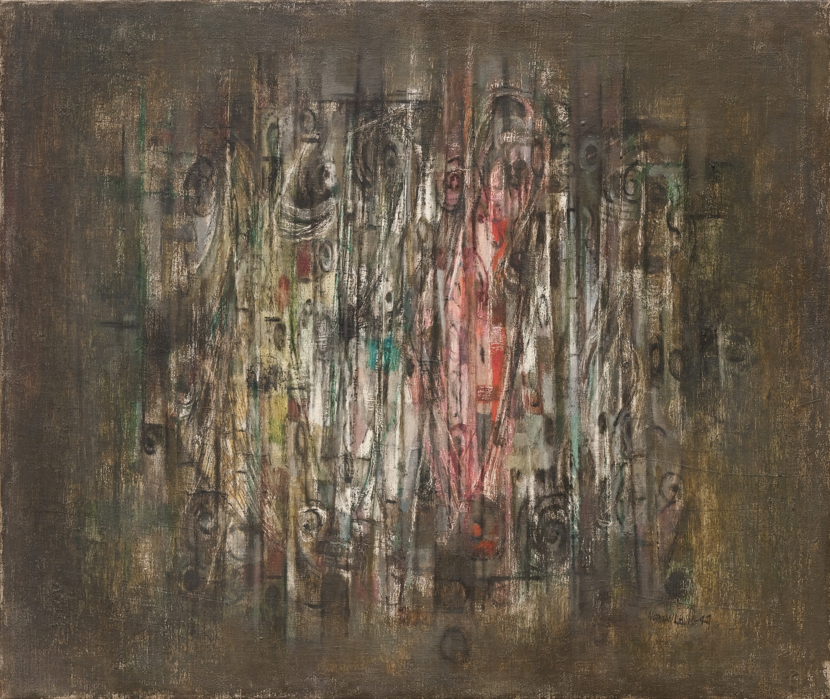 The painting features vertical, textured lines in shades of brown, beige, and gray with intermittent splashes of red, white, and green. Dark shapes and swirling patterns appear to be embedded within the lines. This is an AI generated description. To give feedback, email ai@moma.org.