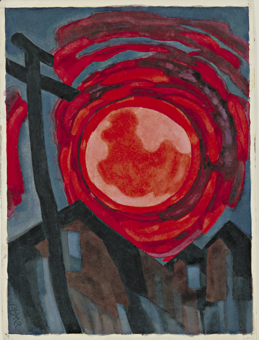 The image depicts a large red and orange circular shape in the center, resembling a sun, surrounded by swirling red and dark hues. In the foreground, there is a black cross-shaped structure and dark, angular rooftops against a blue background. This is an AI generated description. To give feedback, email ai@moma.org.