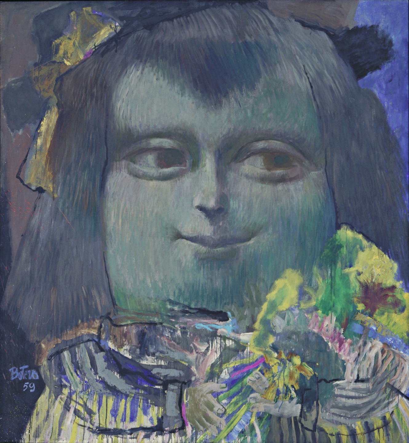 This image is dominated by a large smiling face v-shaped bangs and a bob and bows in their hair in a blue-green tones. The background is primarily dark blue, with touches of purple and gold. In the foreground they hold a colorful bouquet of flowers. This is an AI generated description. To give feedback, email ai@moma.org.