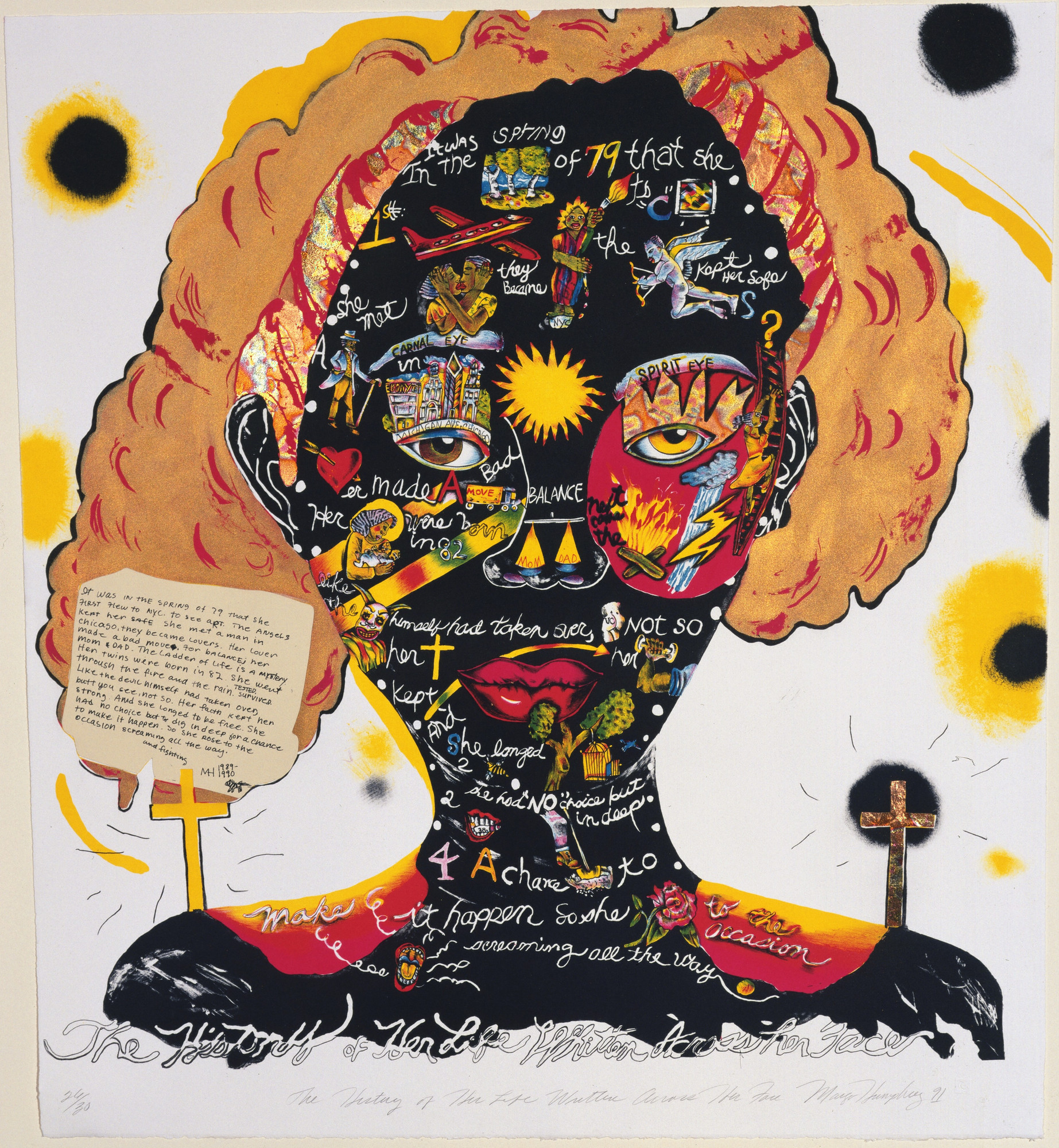 A lithograph with copper leaf and collage additions of a Black woman's face