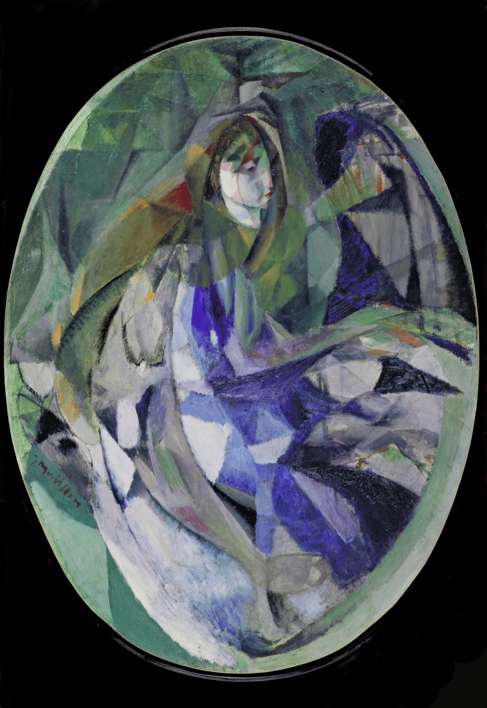 A circular painting features a figure composed of geometric shapes and muted colors. Green, blue, and purple predominate, with hints of white and black throughout. This is an AI generated description. To give feedback, email ai@moma.org.