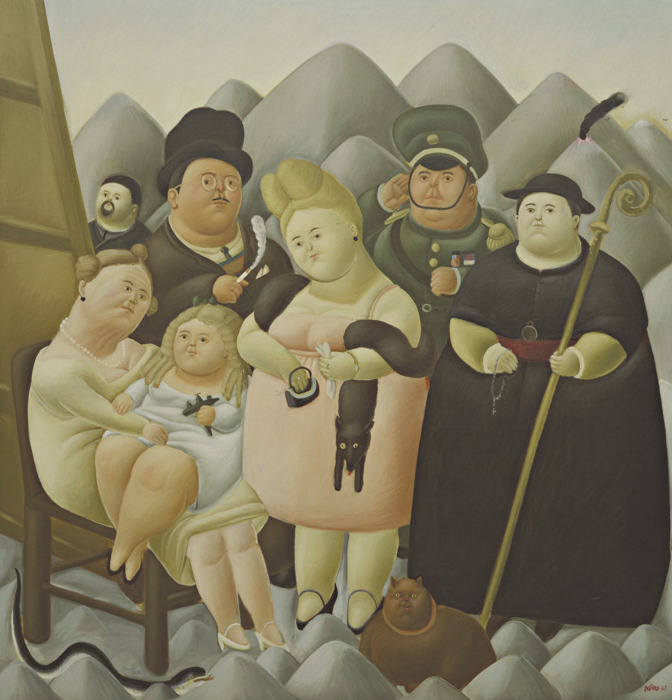 A group of six people stands in front of a background of grey mountains. They wear pastel and dark-colored clothing, with various expressions and poses, and a cat sits at their feet. This is an AI generated description. To give feedback, email ai@moma.org.