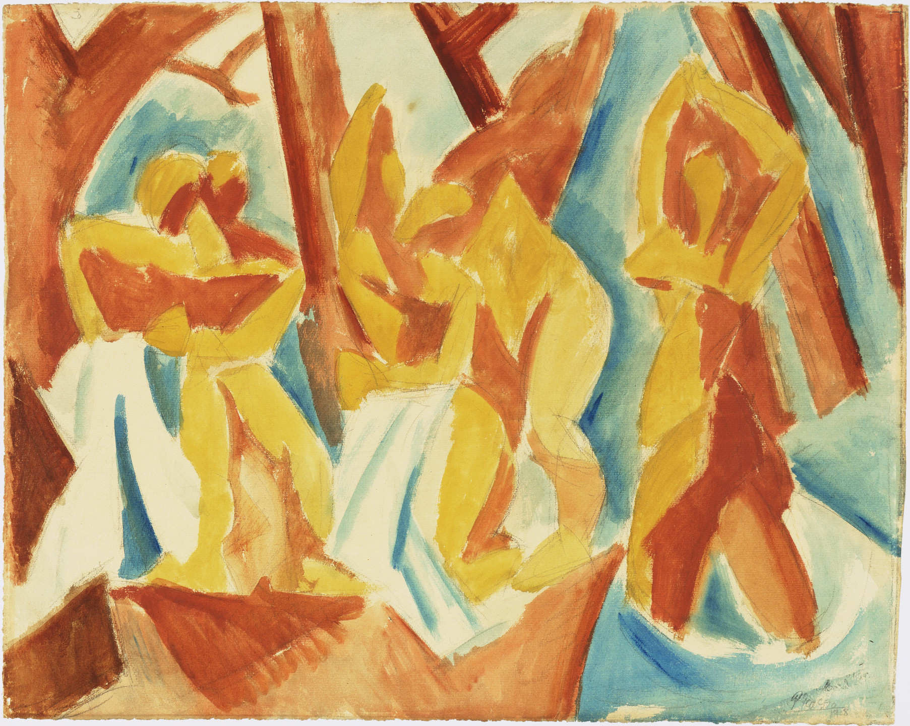 The painting features three loosely painted human figures in yellow and orange tones against a background of light blue and brown. The background includes angular shapes and overlapping colors. This is an AI generated description. To give feedback, email ai@moma.org.