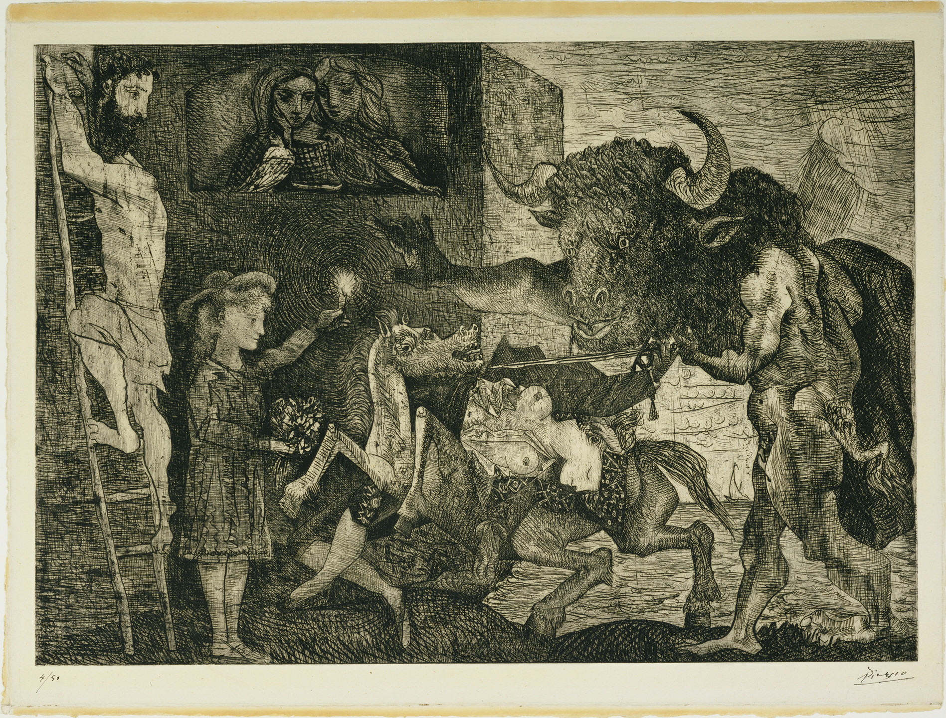 The image depicts several figures: a standing person on the left holding a ladder, a person near the center holding a torch, and a large, horned creature on the right. The predominant colors are tones of black and beige. This is an AI generated description. To give feedback, email ai@moma.org.
