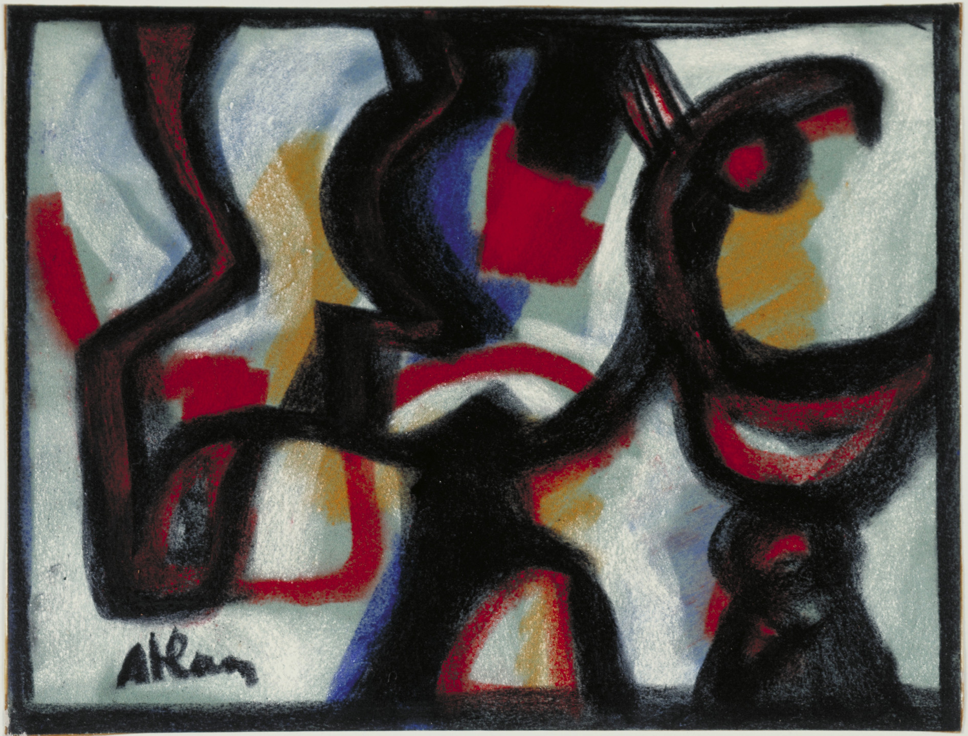 The image features swirling and jagged shapes in dark brown and black against a background of red, blue, and golden areas. It has a predominately light grey backdrop with some hints of white. This is an AI generated description. To give feedback, email ai@moma.org.
