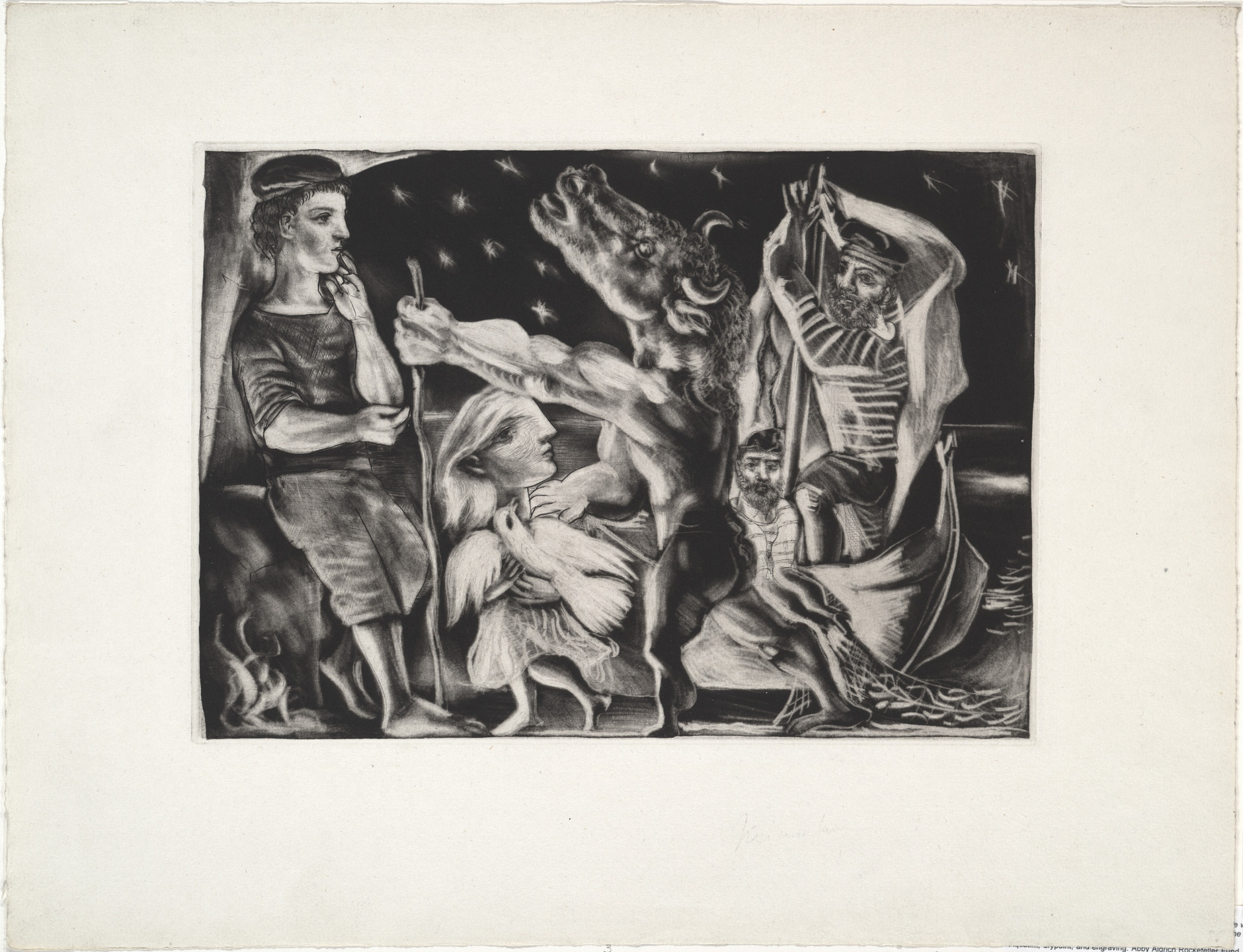 Pablo Picasso. Blind Minotaur Guided through a Starry Night by Marie-Thérèse with a Pigeon (Minotaure aveugle guidé par Marie-Thérèse au pigeon dans une nuit étoilée) from the Vollard Suite (Suite Vollard). 1934–35, published 1939