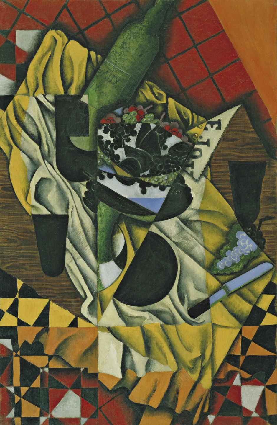 The image features geometric shapes in various colors, including red, yellow, black, white, and green. Central elements include a green bottle, grapes, a knife, and patterned cloths. This is an AI generated description. To give feedback, email ai@moma.org.