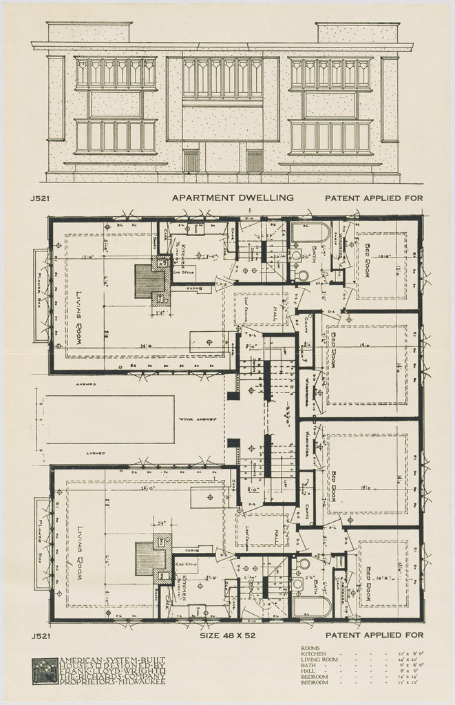 American System-Built Houses for The Richards Company, project, Milwaukee, Wisconsin, Apartment Dwelling Plan and Elevation, Frank Lloyd Wright, c. 1915-17