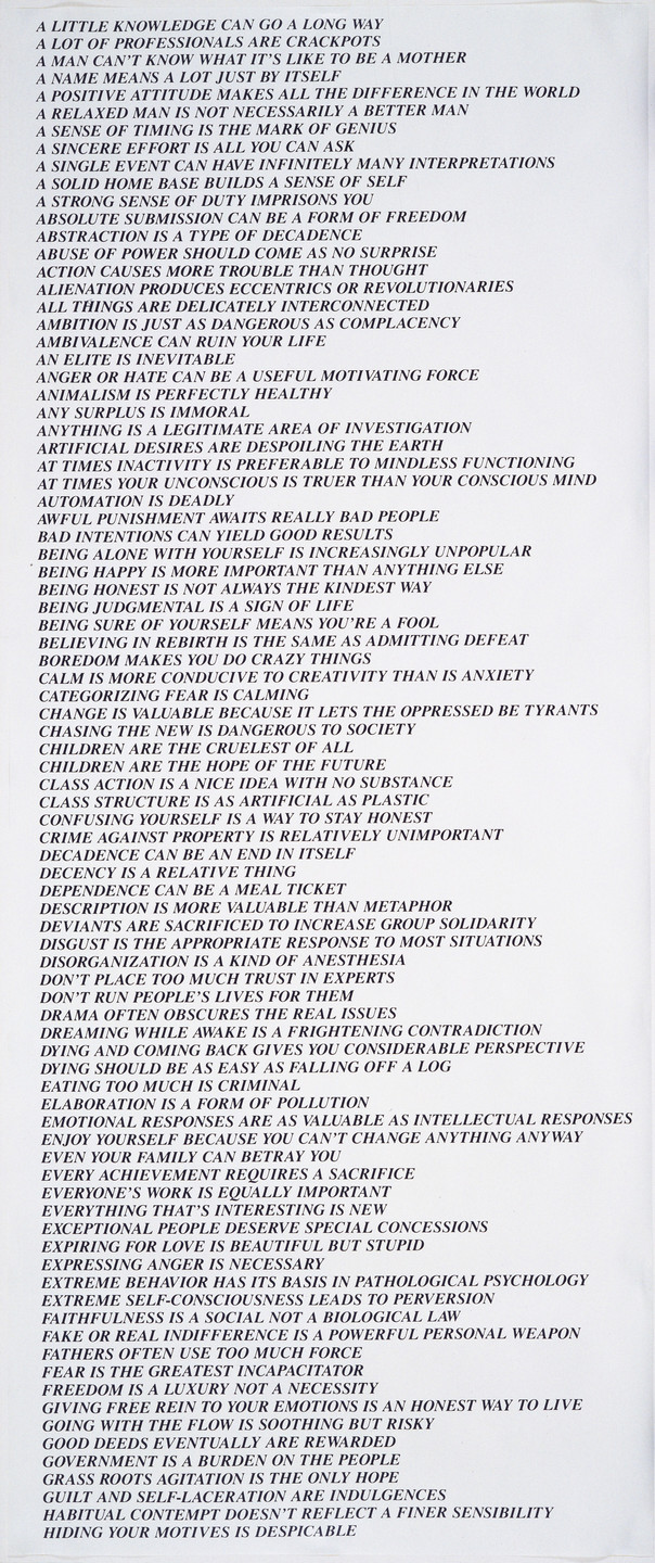 A vertical list of numerous phrases is densely printed in black text on a white background. The phrases express varied philosophical and motivational thoughts, each as a separate statement. This is an AI generated description. To give feedback, email ai@moma.org.