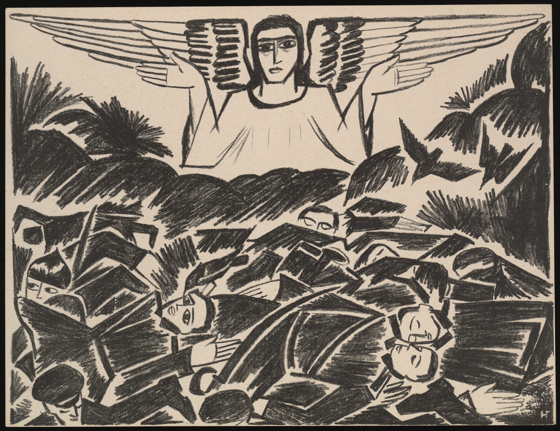 A figure with outstretched wings appears above a chaotic mass of overlapping human faces and limbs. The image is predominantly black and white with dark, bold lines. This is an AI generated description. To give feedback, email ai@moma.org.