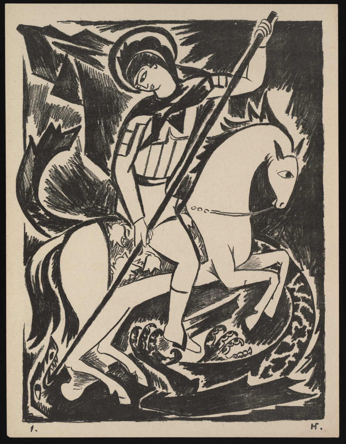 A person in armor is riding a horse and is shown spearing a dragon. The image is predominantly black and white with strong, bold lines and contrasting shapes. This is an AI generated description. To give feedback, email ai@moma.org.
