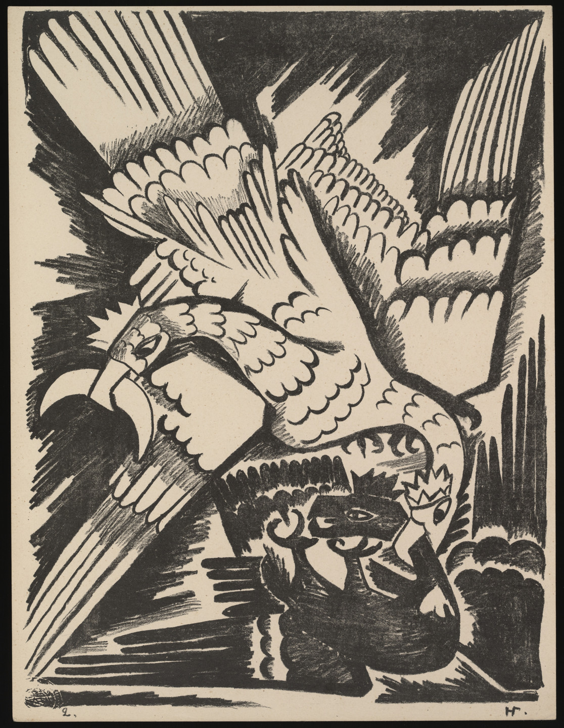 A monochrome drawing depicts a large bird with spread wings and sharp talons, positioned above a smaller, crown-wearing figure. The background consists of dynamic, black ink strokes emphasizing motion and intensity. This is an AI generated description. To give feedback, email ai@moma.org.