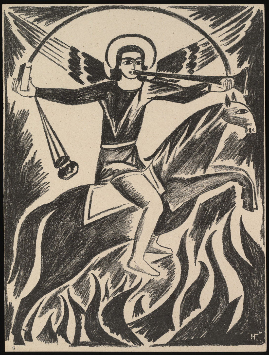 A person with wings and a halo riding a horse, blowing a horn, and holding scales is depicted in black and white. The background shows flames and dynamic lines emphasizing movement. This is an AI generated description. To give feedback, email ai@moma.org.