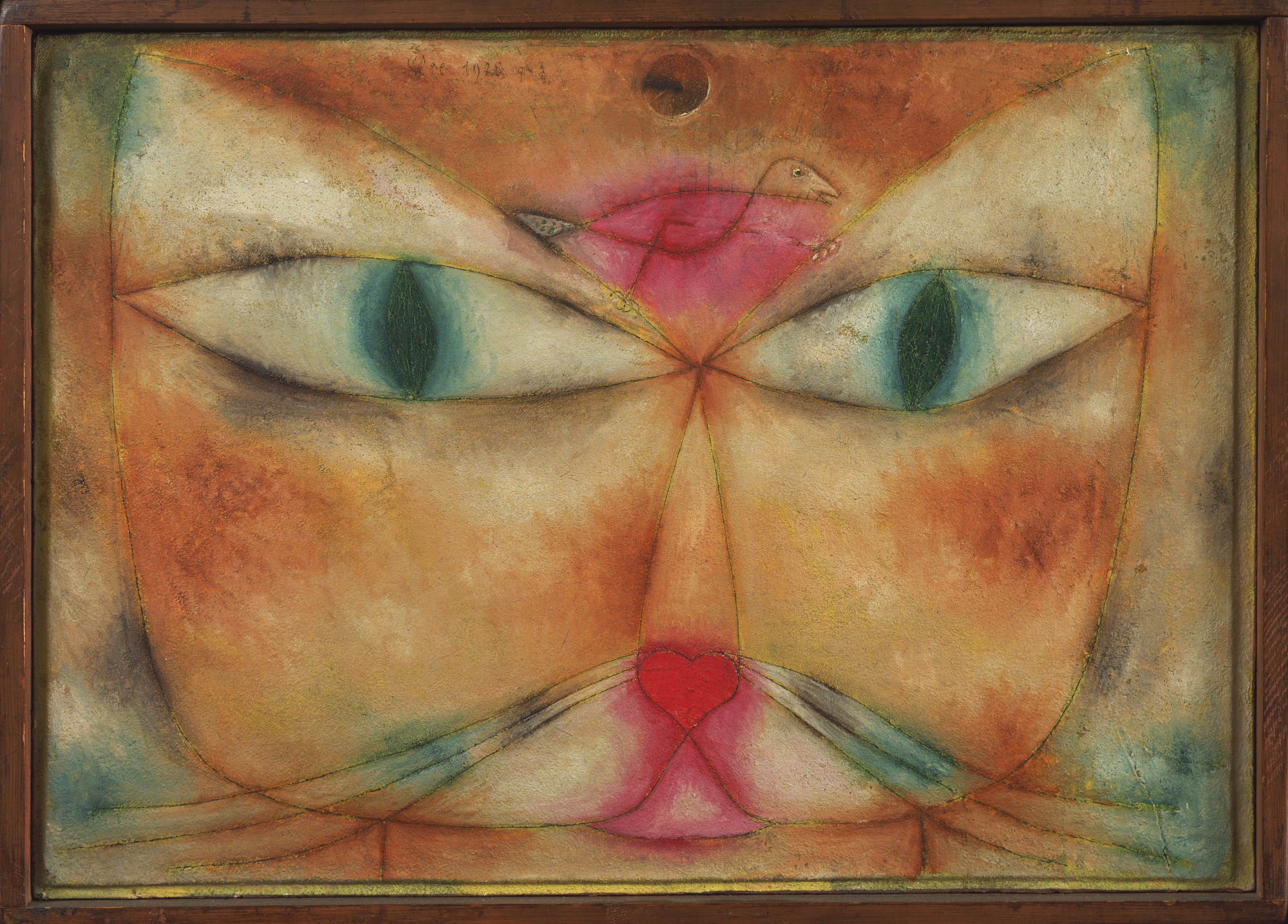 The image is dominated by the outline of a cat's face using geometric shapes. The face has large green eyes and a hot pink small bird resting above the nose and hotpink heart-shaped nose and mouth. The predominant colors of orange, brown, and beige. This is an AI generated description. To give feedback, email ai@moma.org.