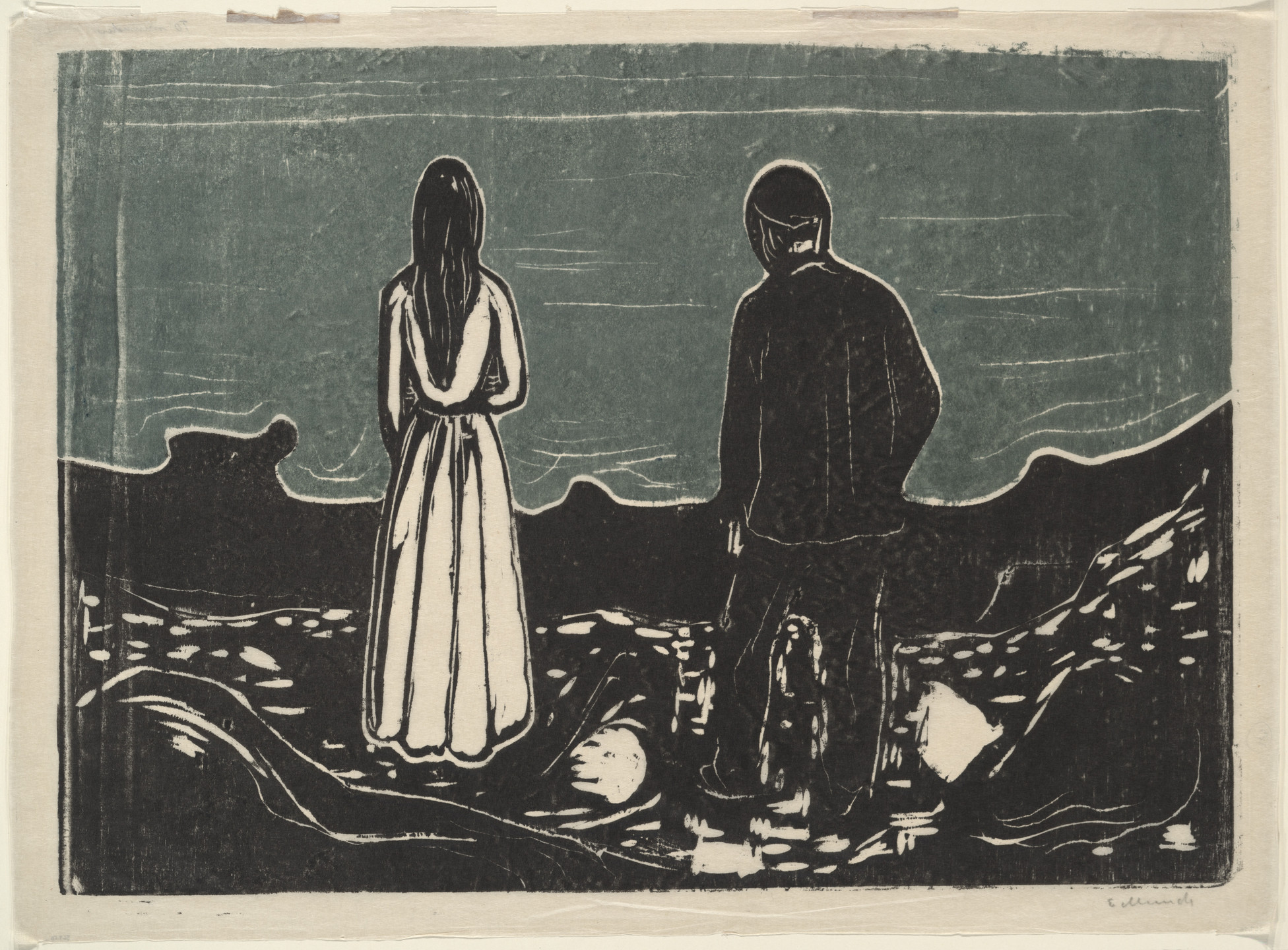Two figures, one in a long light-colored dress and the other in dark clothing, stand facing a green and brown landscape with uneven terrain and indistinct shapes in the distance. This is an AI generated description. To give feedback, email ai@moma.org.