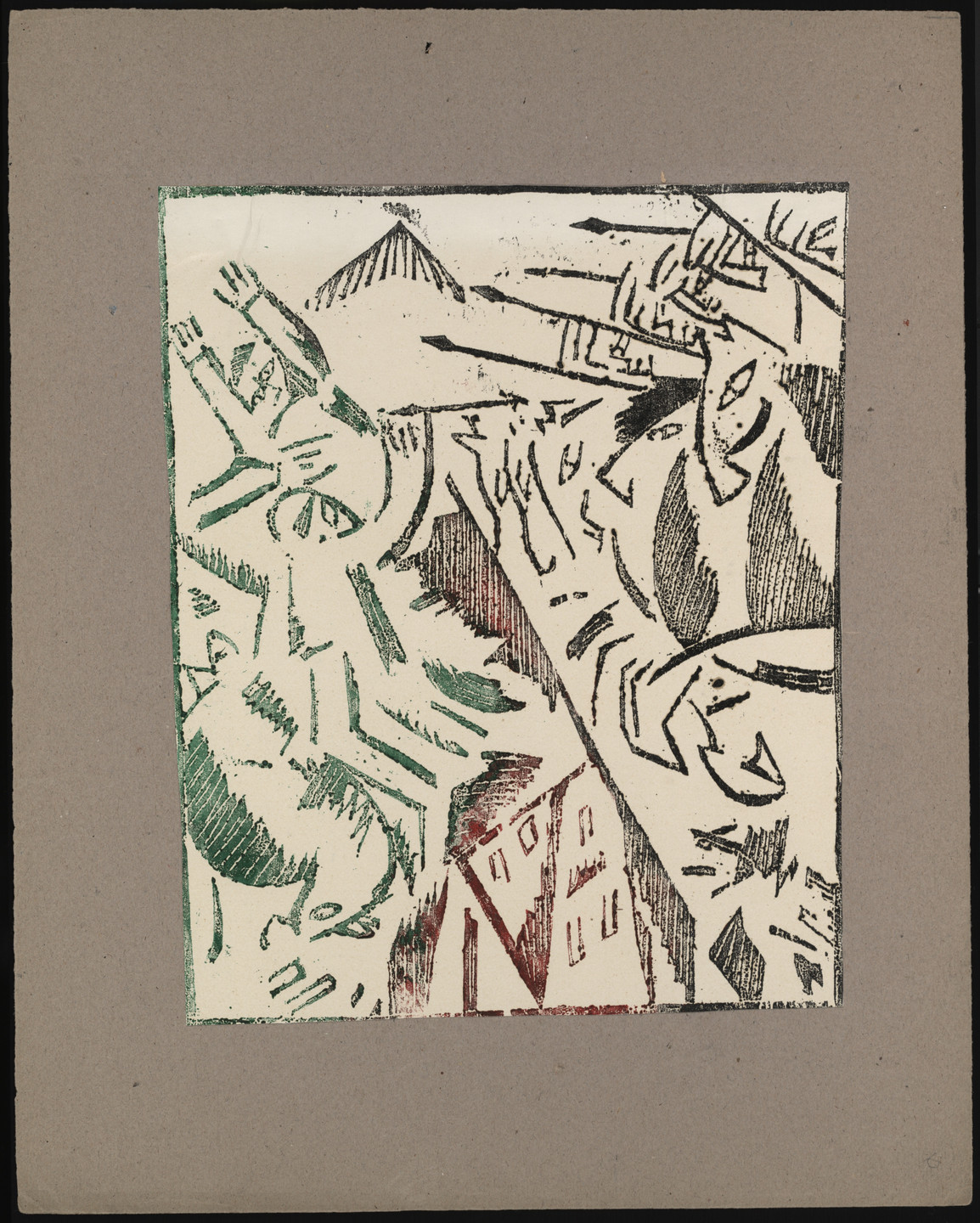 The image features geometric shapes and lines in green and brown on a beige background with scattered black lines. There are hints of triangular peaks and an arrangement suggesting buildings. This is an AI generated description. To give feedback, email ai@moma.org.