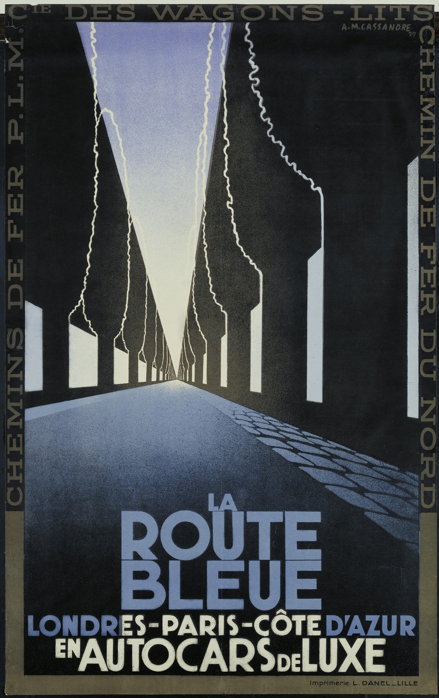 A. M. Cassandre. La Route Bleu, Londres-Paris-Côte D&#39;Azur en Autocars de Luxe. 1929