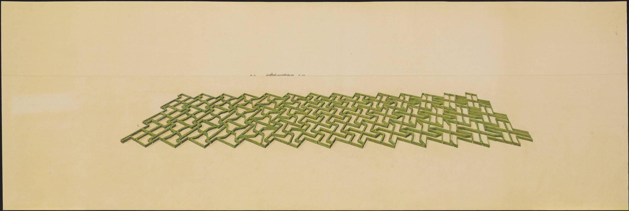 Emilio Ambasz. Pro Memoria Garden, project for a Labyrinth, Lüdenhausen, Germany, Aerial perspective. 1978